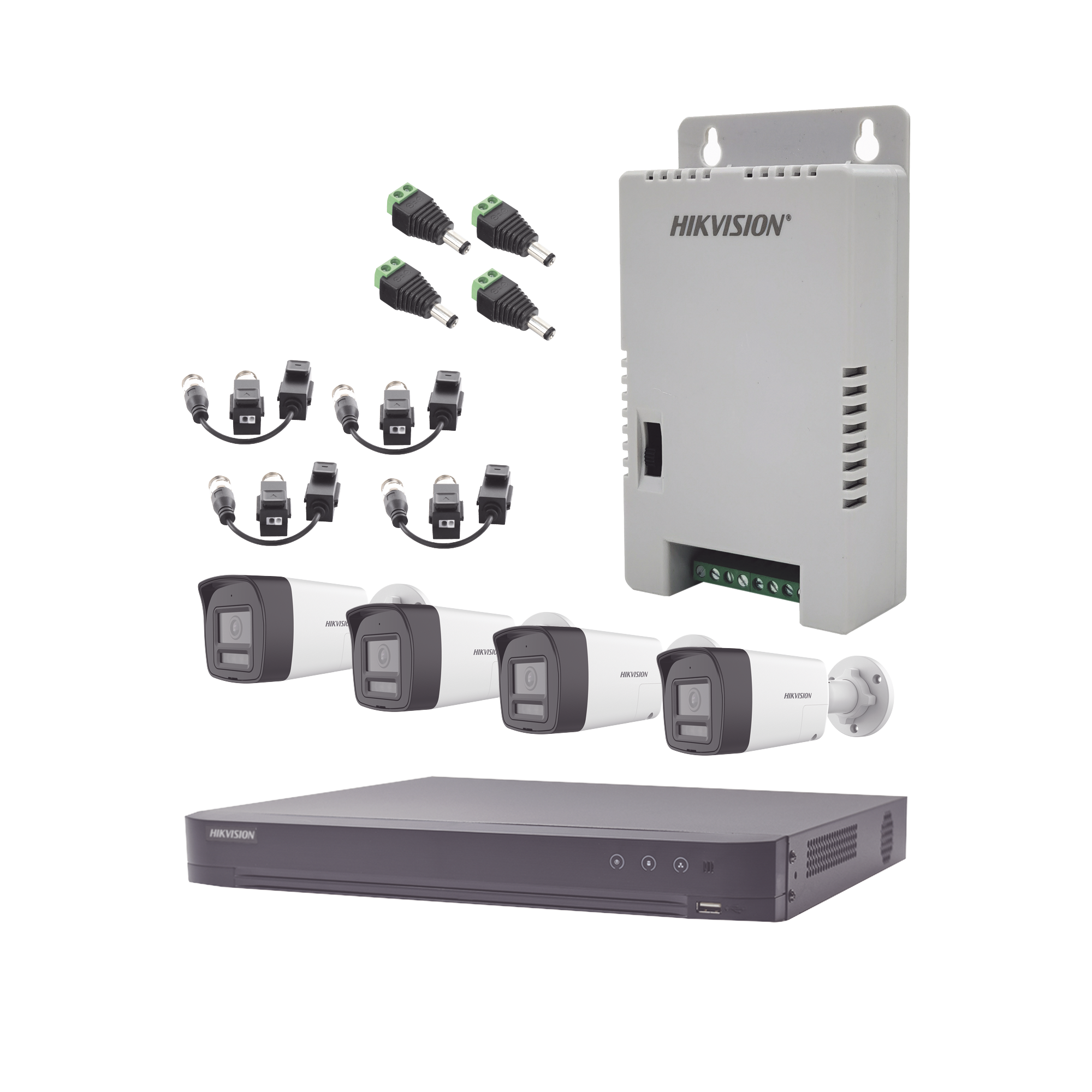 Kit Audio Bidireccional TurboHD 4K-3K / DVR 4 Canales 4K / 4 Cámaras Bala (Exterior) con Bocina y Microfóno Integrado 3K / 1 Fuentes de Poder / Accesorios