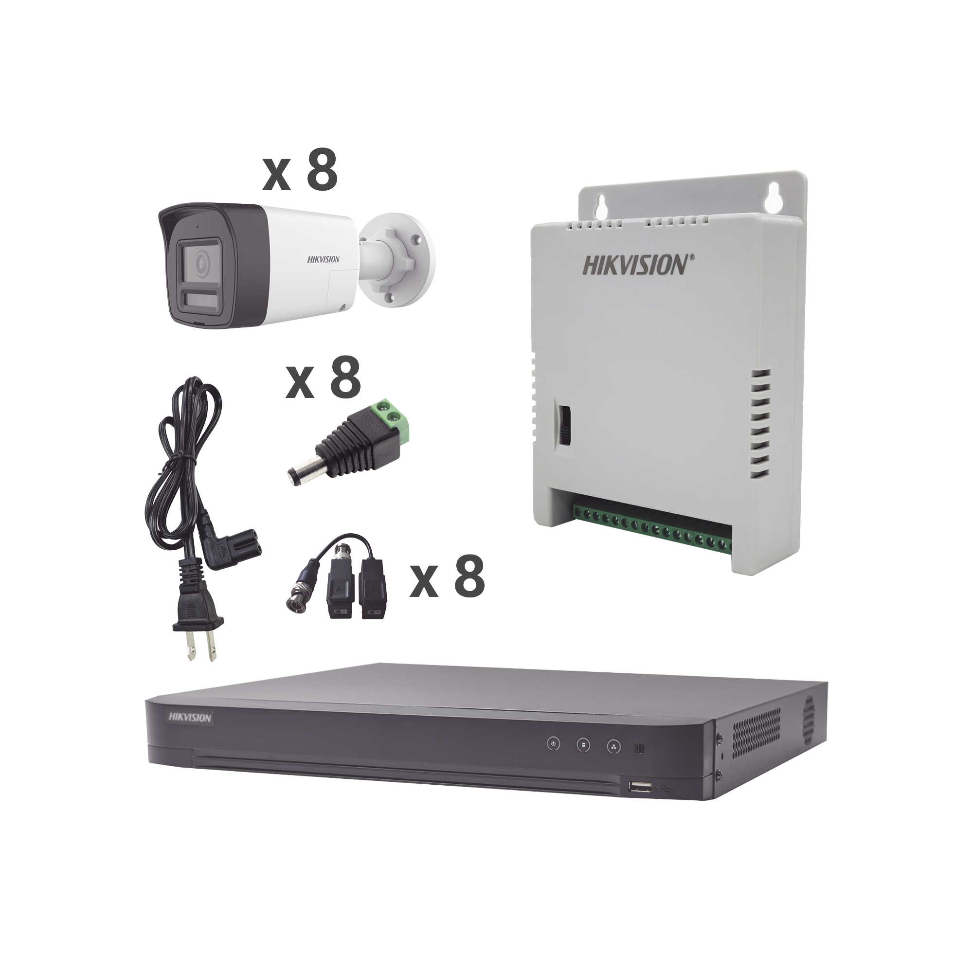 Kit Audio Bidireccional TurboHD 4K-3K / DVR 8 Canales 4K / 8 Cámaras Bala (Exterior) con Bocina y Microfóno Integrado 3K / 1 Fuentes de Poder / Accesorios