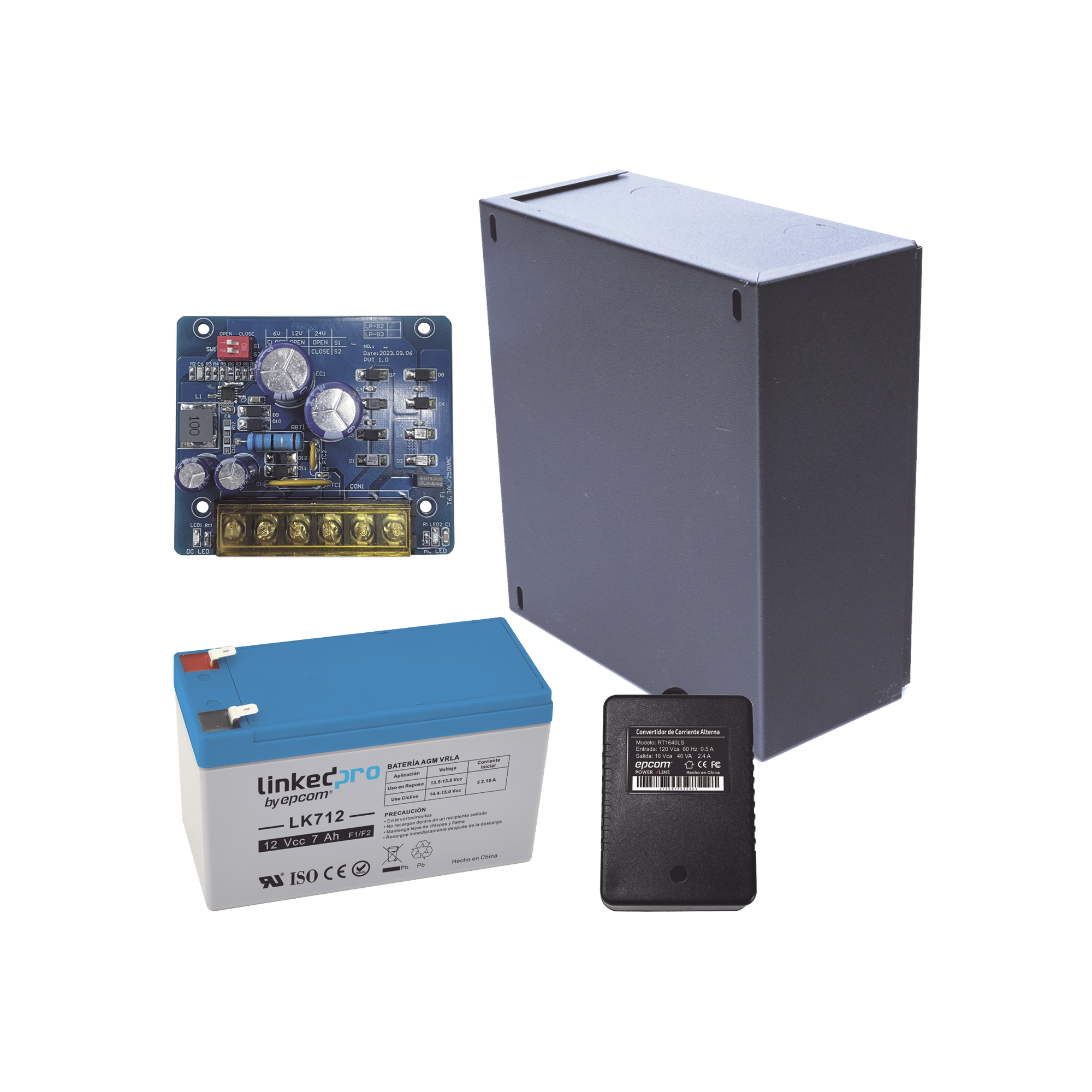 Kit con fuente PLB2 con salida de 12 Vcc a 2.5 Amper, incluye transformador y batería de 12 V a 7 Amper