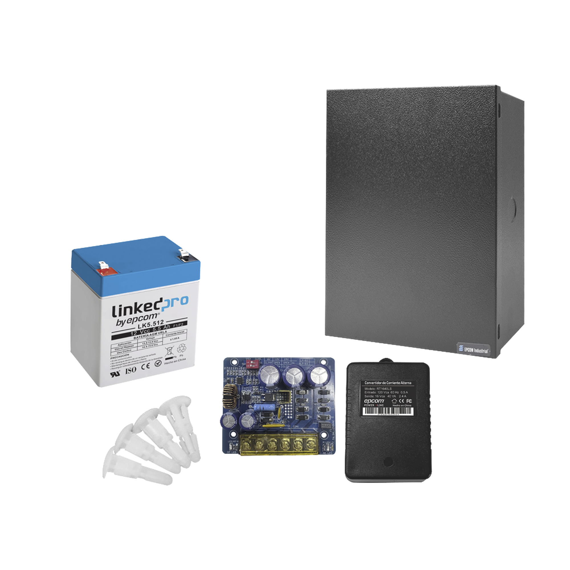 Kit con fuente PLB3 con salida de 12 Vcc a 4 Amper, incluye transformador y batería de 12 V a  5.5 Amper