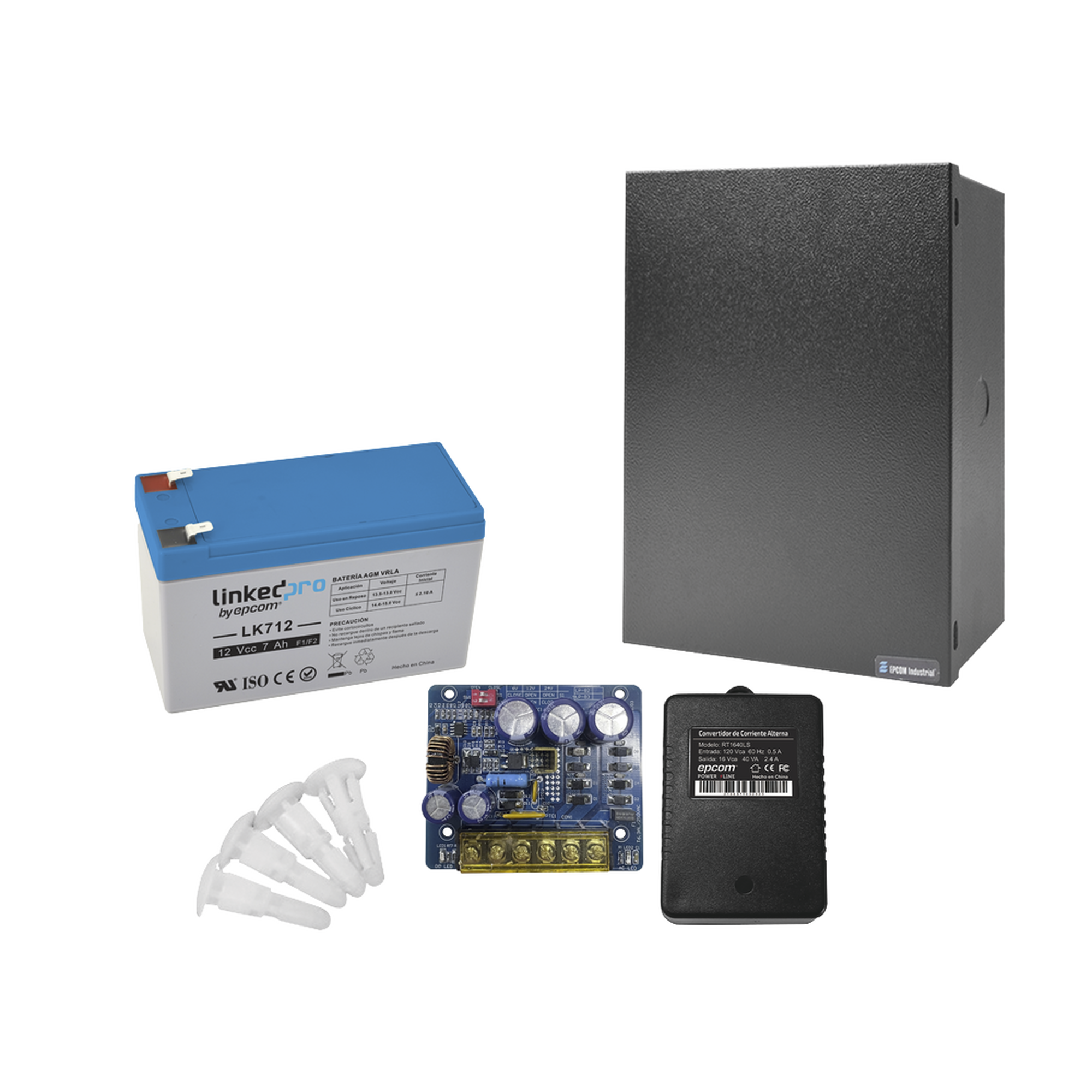 Kit con fuente PLB3 con salida de 12 Vcc a 4 Amper, incluye transformador y batería de 12 V a 7 Amper