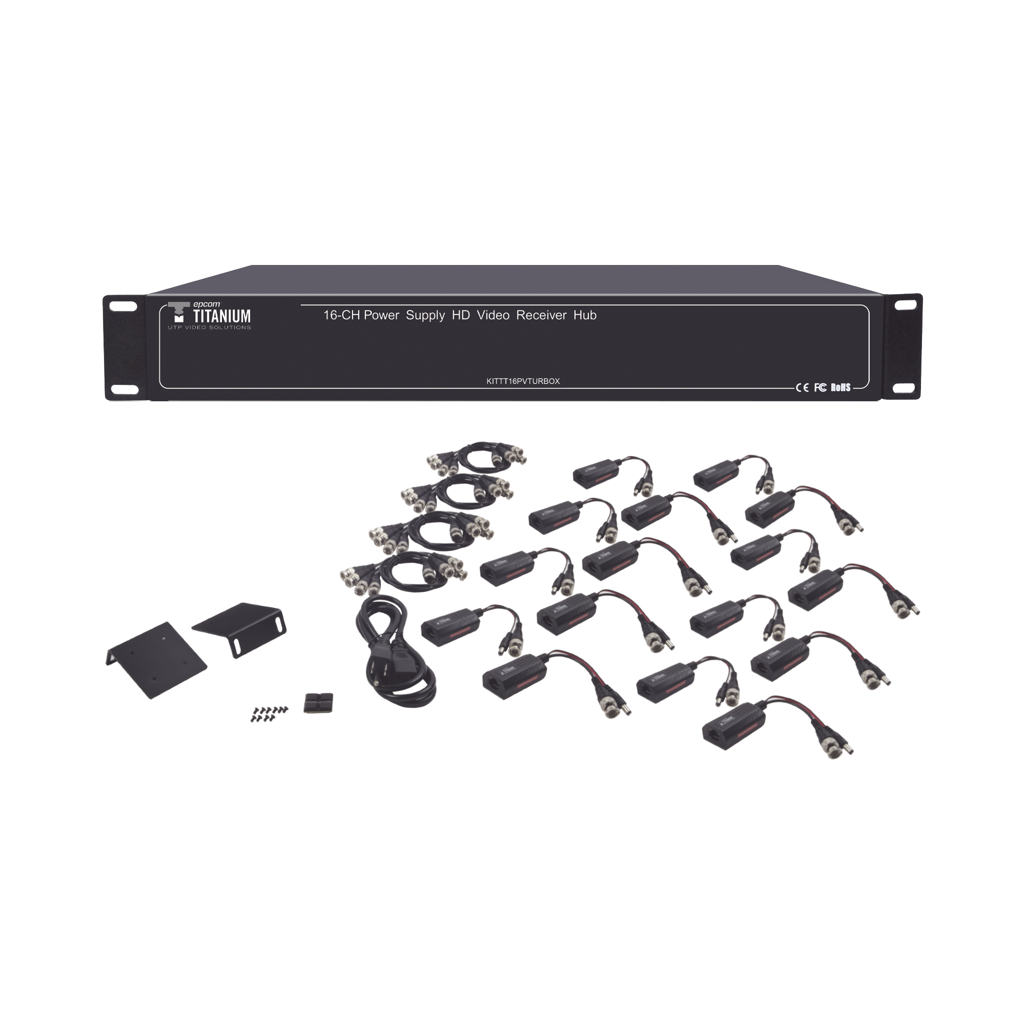 Kit de TRANSCEPTOR ACTIVO DE 16 Canales / VIDEO+PODER en un solo Cable UTP / 150m en 4K, 200m en 5 MP/ Envía 36 Vcc y recibe 12 Vcc / TODO INCLUIDO PARA RACK / Compatible con cámaras HD-TVI/CVI/AHD/CVBS / Instalación Limpia