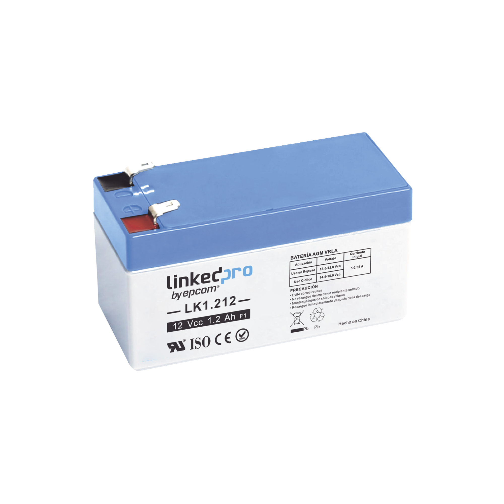 Batería 12 V / 1.2 Ah / UL / 5 Años vida útil promedio / Para uso en equipo electrónico /Alarmas de Intrusión / Incendio/ Control de acceso / Video Vigilancia / Terminales F1  ( Incluye adaptador F2 )
