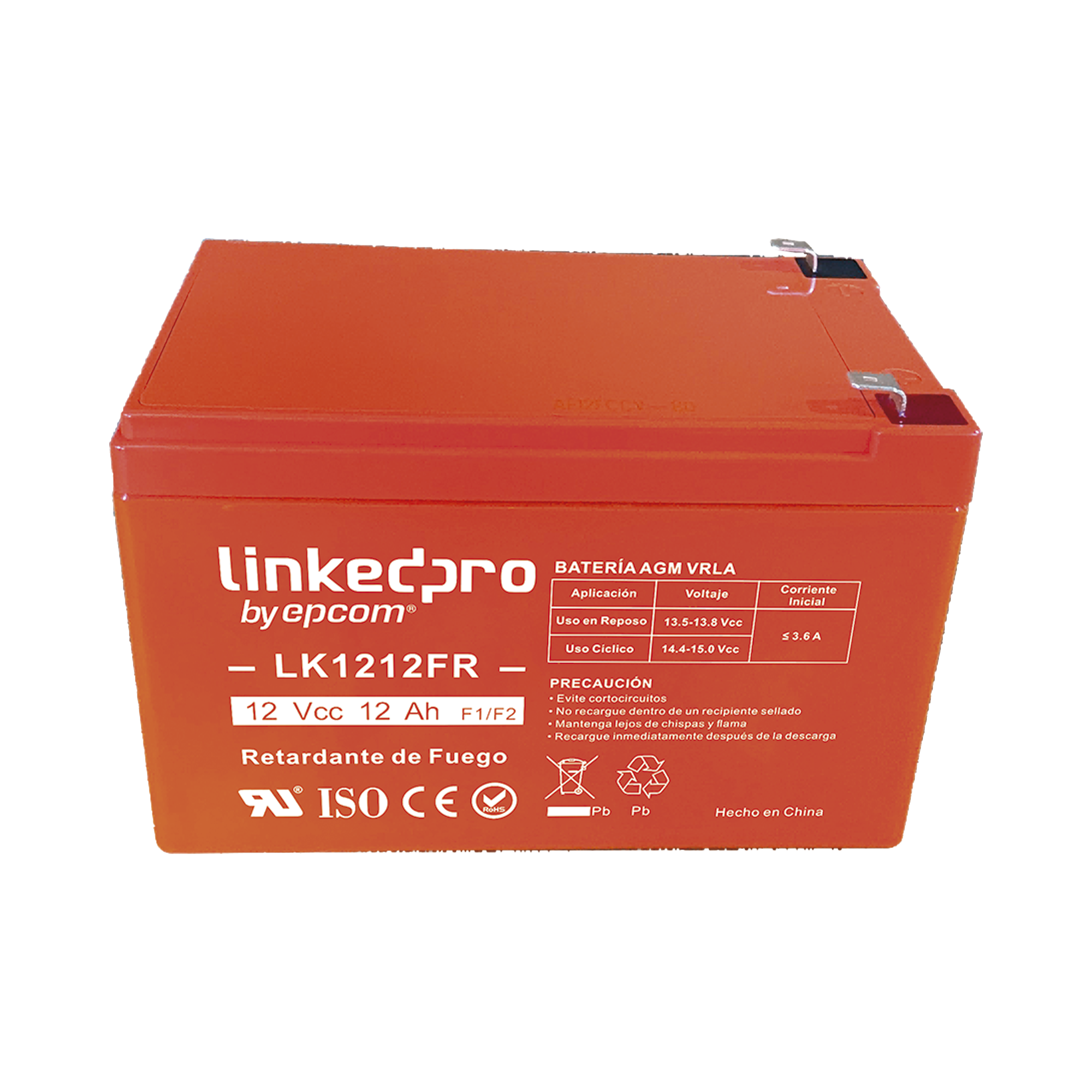 Batería 12 V / 12 Ah / UL / Tecnología AGM / Vida útil promedio de 5 años / Retardante a la Flama / Uso en equipo electrónico, Alarmas de Intrusión / Incendio / Control de acceso / Video Vigilancia / Terminales F1