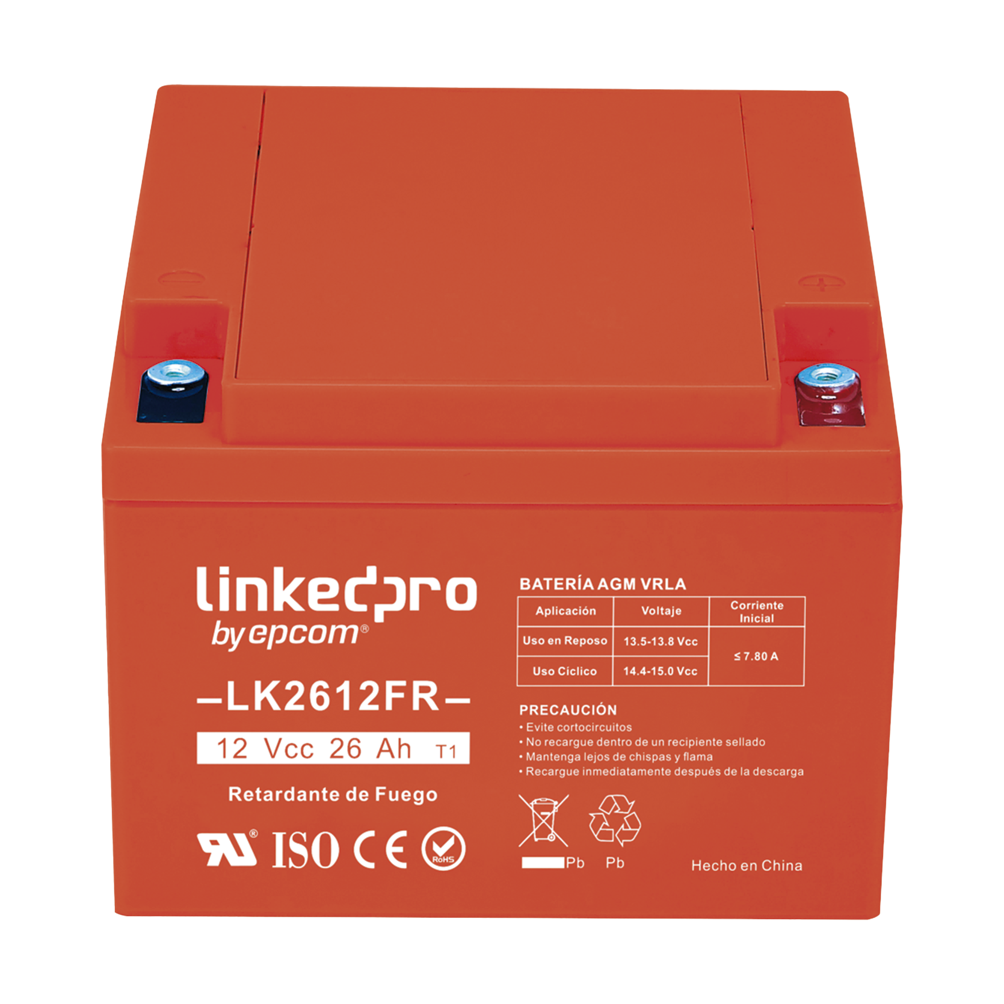 Batería 12 V / 26 Ah / UL / Tecnología AGM-VRLA / Vida útil promedio de 5 años / Retardante a la Flama / Para uso en equipo electrónico, Alarmas de Intrusión / Incendio/ Control de acceso / Video Vigilancia / Term