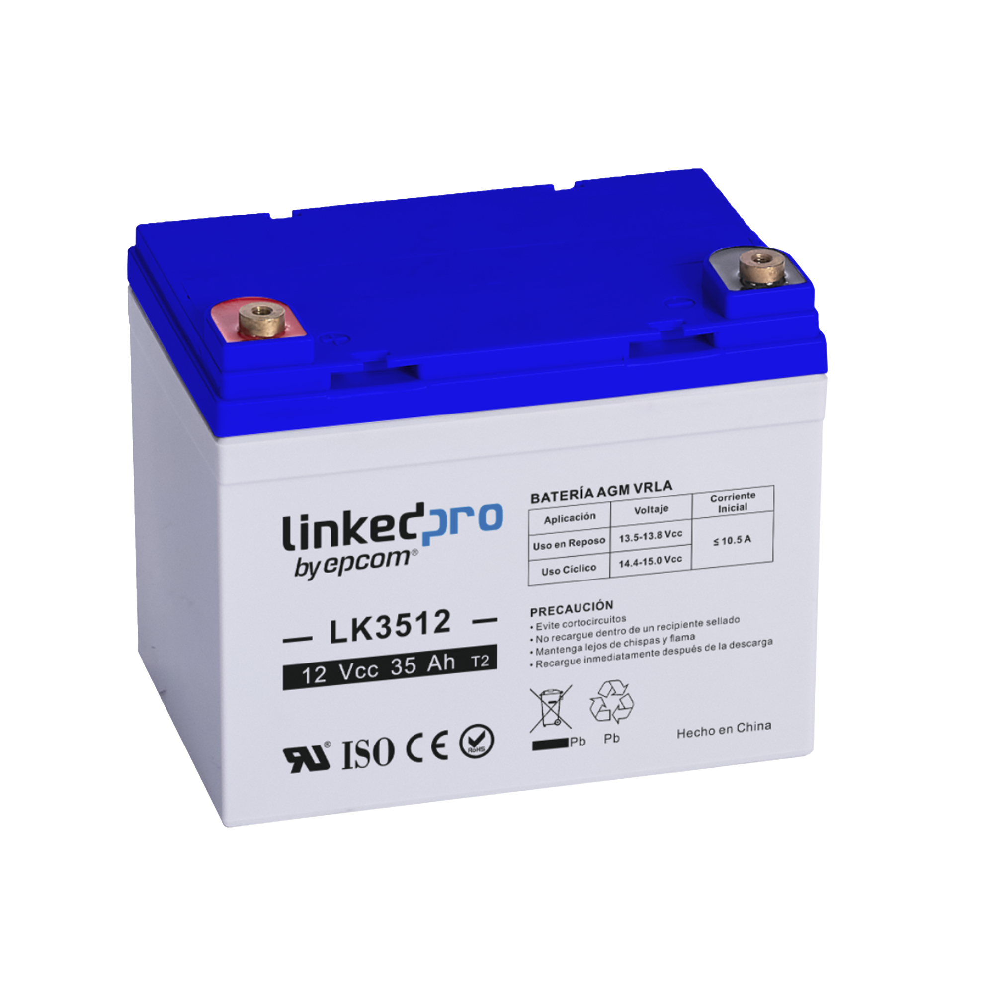 Batería 12 V / 35 Ah / UL / Tecnología AGM / Vida útil promedio de 5 años / Para uso en equipo electrónico, Alarmas de Intrusión / Incendio / Control de acceso / Video Vigilancia / Terminales T1