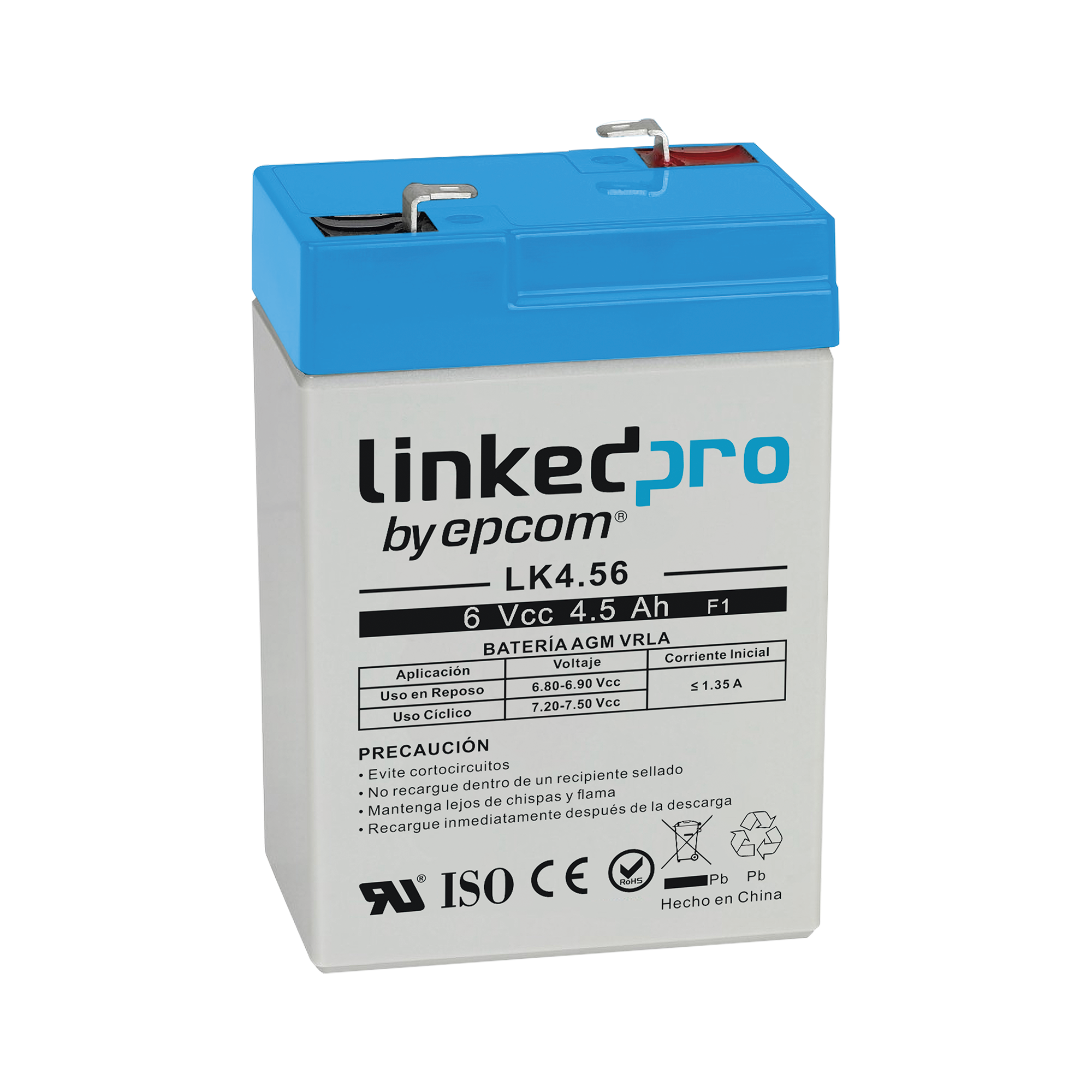 Batería 6 V / 4.5 Ah / UL / Tecnología AGM / Vida útil promedio 5 años / Para uso en equipo electrónico, Alarmas de Intrusión / Incendio/ Control de acceso / Video Vigilancia / Terminales F1 ( Incluye adaptador F2
