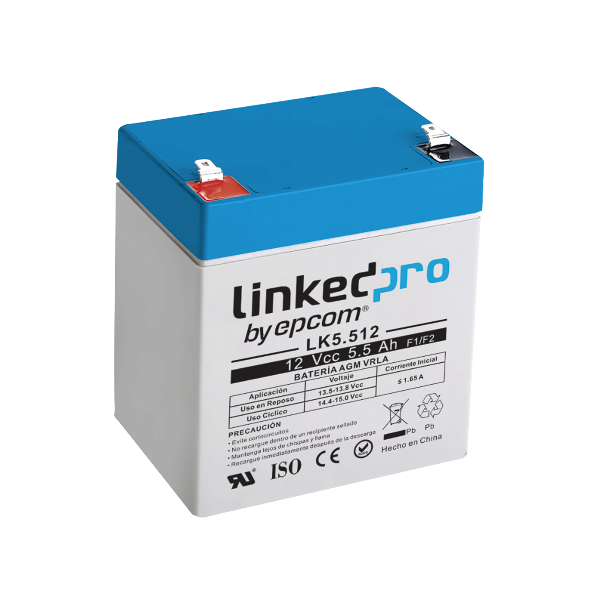 Batería 12 V / 5.5 Ah / UL / Vida útil promedio 5 años / Tecnología AGM / Para uso en equipo electrónico, Alarmas de Intrusión / Incendio/ Control de acceso / Video Vigilancia / Terminales F1 ( Incluye adaptador F