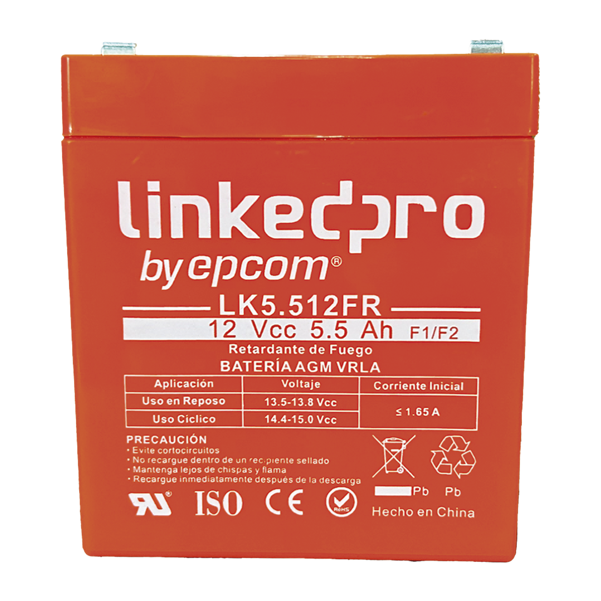 Batería 12 V / 5.5 Ah / UL / Tecnología AGM / Vida útil promedio de 5 años / Retardante a la Flama / Para uso en equipo electrónico, Alarmas de Intrusión / Incendio/ Control de acceso / Video Vigilancia / Incluye