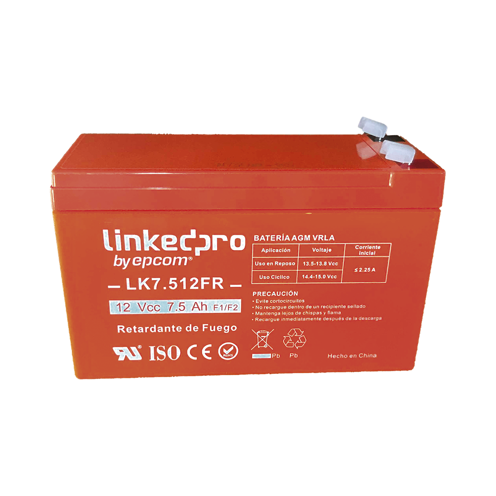 Batería 12 V / 7.5 Ah / UL / Tecnología AGM / Vida útil promedio de 5 años / Retardante a la Flama / Para equipo electrónico, Alarmas de Intrusión / Incendio/ Control de acceso / Video Vigilancia / Incluye adaptad