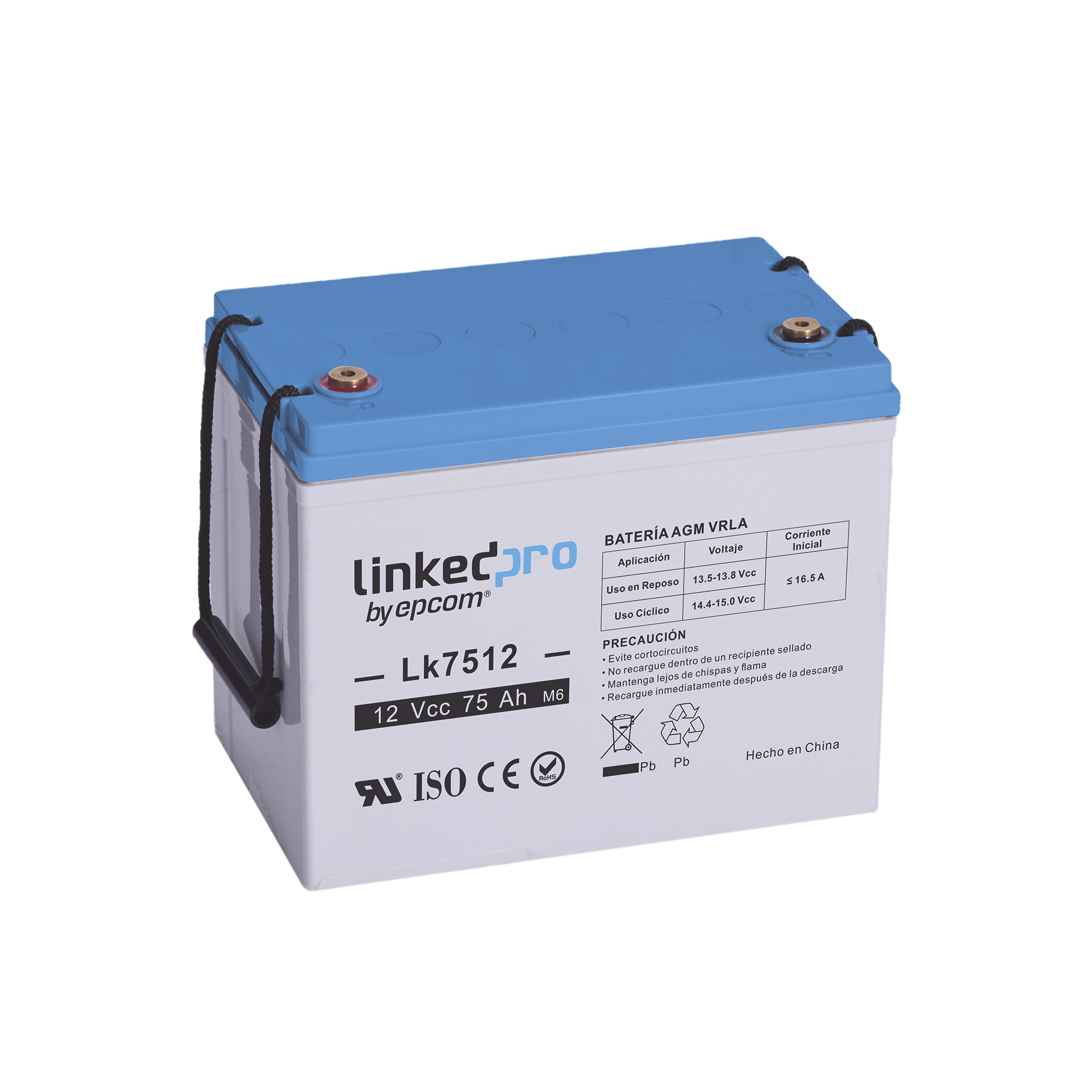 Batería 12 Vcc / 75 Ah / UL / Tecnología AGM-VRLA / Vida útil promedio de 5 años / Para uso en equipo electrónico / Sistemas de emergencia y aplicaciones fotovoltaicas Terminales T3