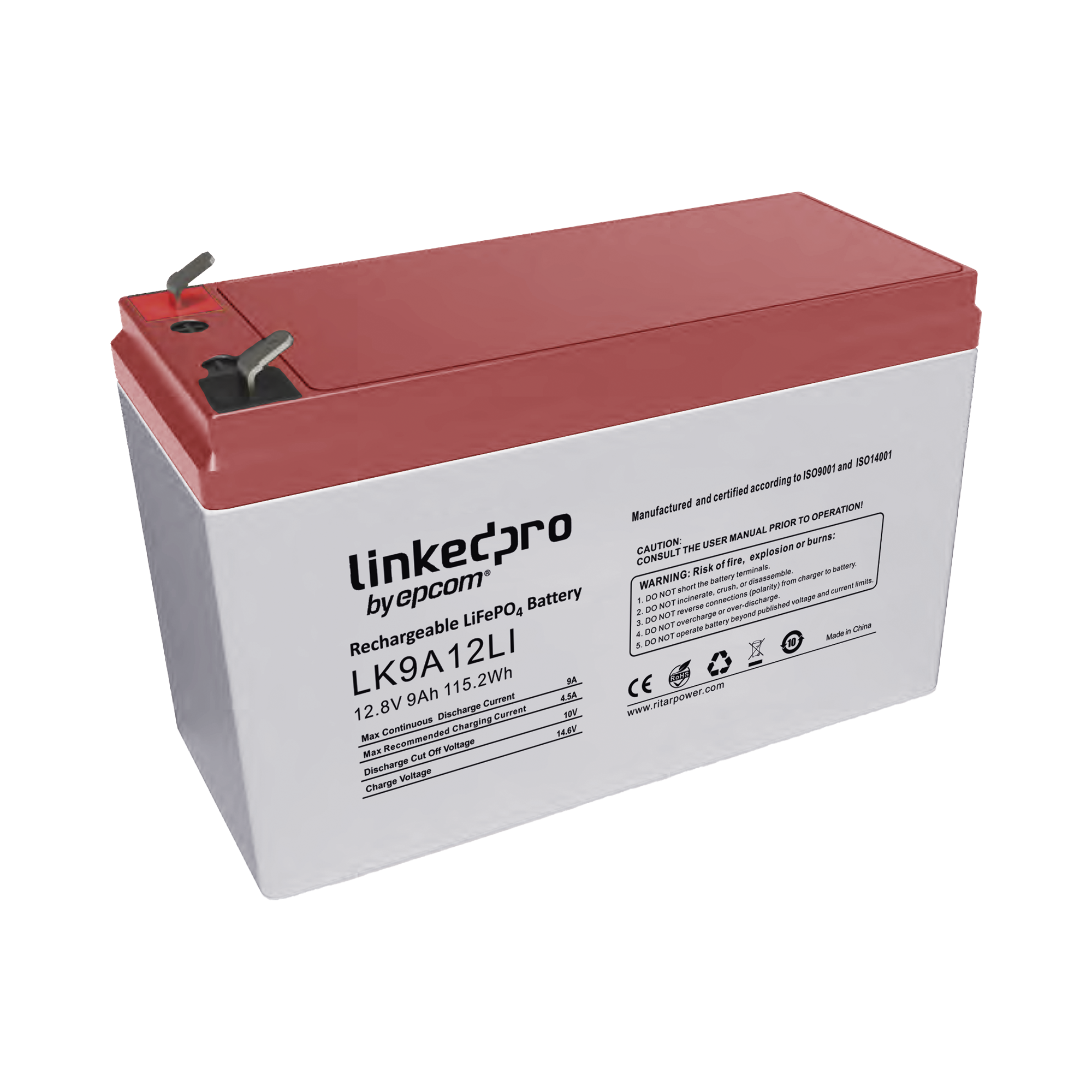 Batería de Litio 12.8 Vcc / 9 Ah / Tecnología LiFePO4 /2000 Ciclos de Vida/ Para uso en equipo electrónico, UPS (litio) / Incendio/ Control de acceso / Video Vigilancia / Terminales F1 ( Incluye adaptador para terminal F2 )