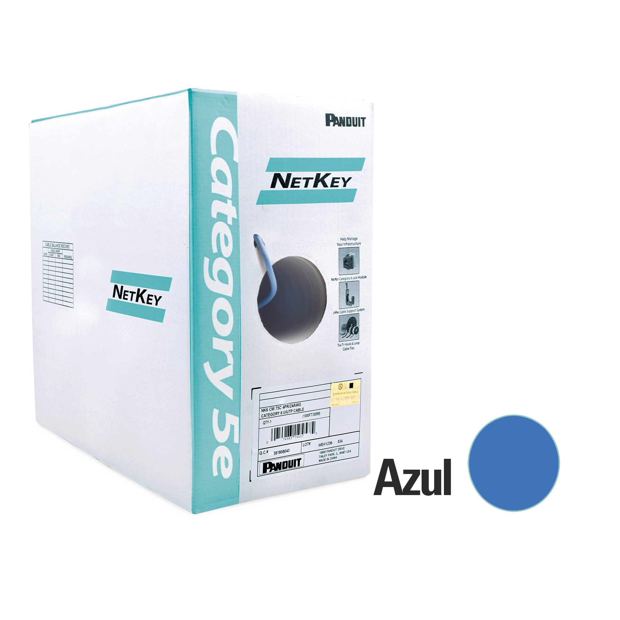 Bobina de cable UTP 305 m. de Cobre, NetKey, Azul, Categoría 5e (24 AWG), PVC (CM), de 4 pares