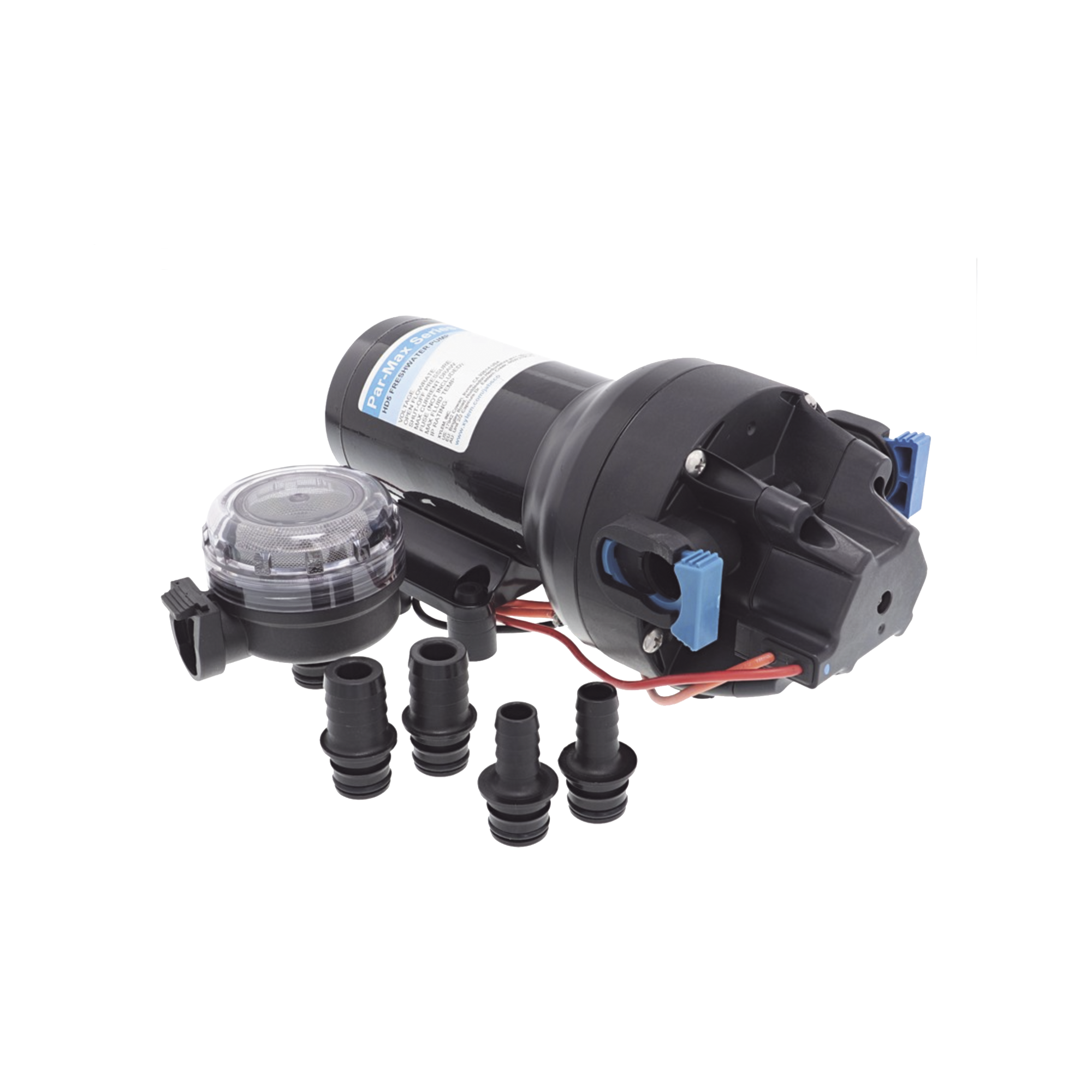 Bomba controlada por presión Par Max para trabajo pesado a 12 Vcd, caudal de 5 GPM, presión máxima 40 psi, para manguera de entrada con orificio de 38 mm (1½”), manguera de descarga con orificio de 25 mm (1”)