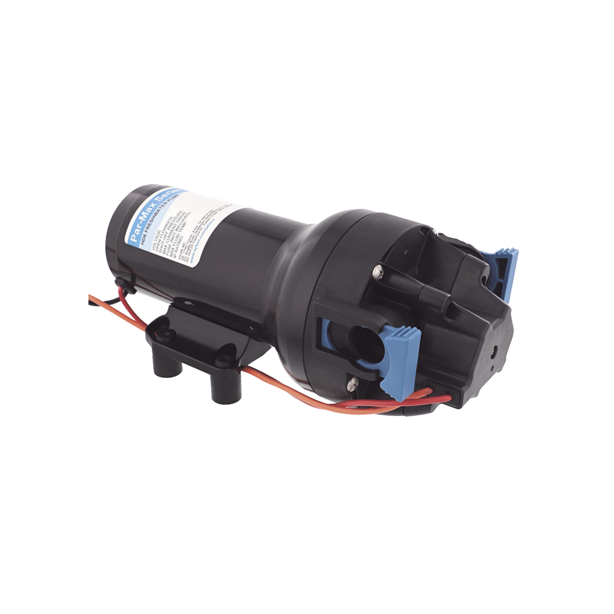 Bomba controlada por presión Par Max 6 para trabajo pesado a 12 Vcd, caudal de 6 GPM, presión máxima 40 psi, para manguera de entrada con orificio de 38 mm (1½”), manguera de descarga con orificio de 25 mm (1”)