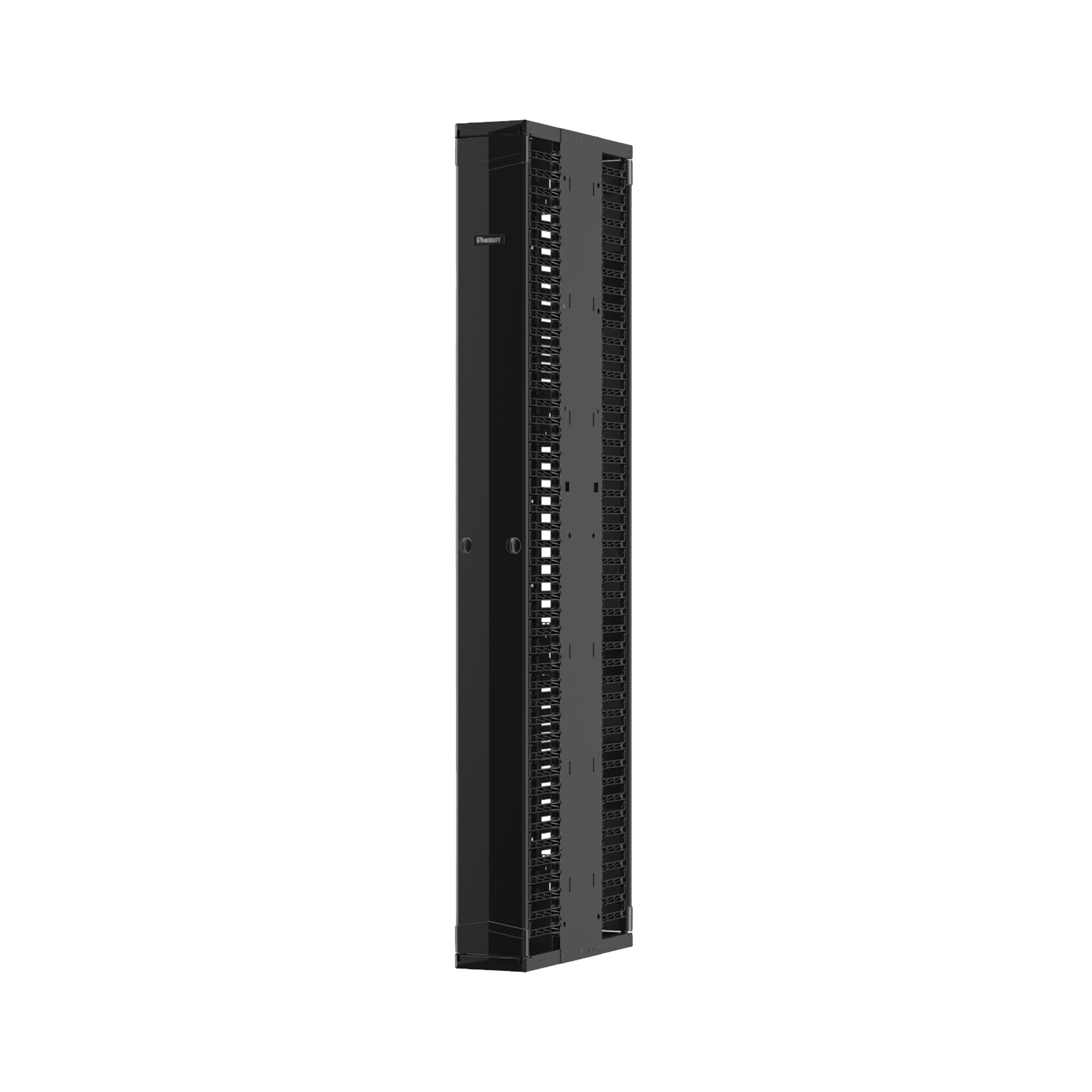 Organizador Vertical PatchRunner™ Mejorado, Doble (Frontal y Posterior), Para Rack Abierto de 45 Unidades, 12in de Ancho, Color Negro