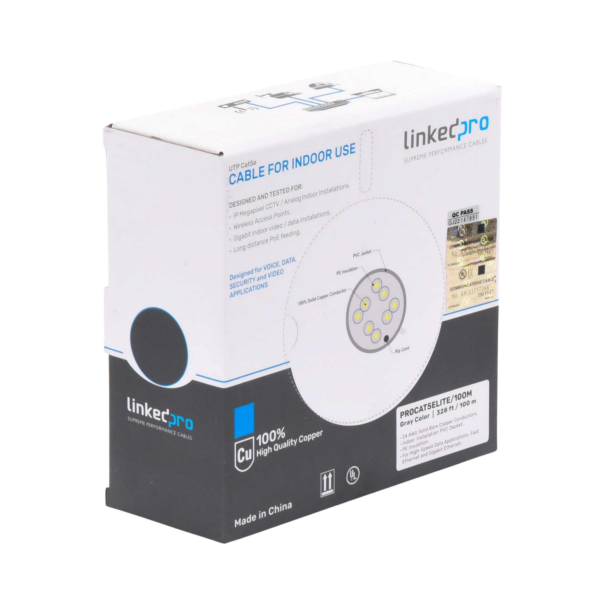 Bobina de cable de 100m, Cat5e, 24 AWG, color Gris, UL, para aplicaciones en videovigilancia, redes de datos. Uso Interior
