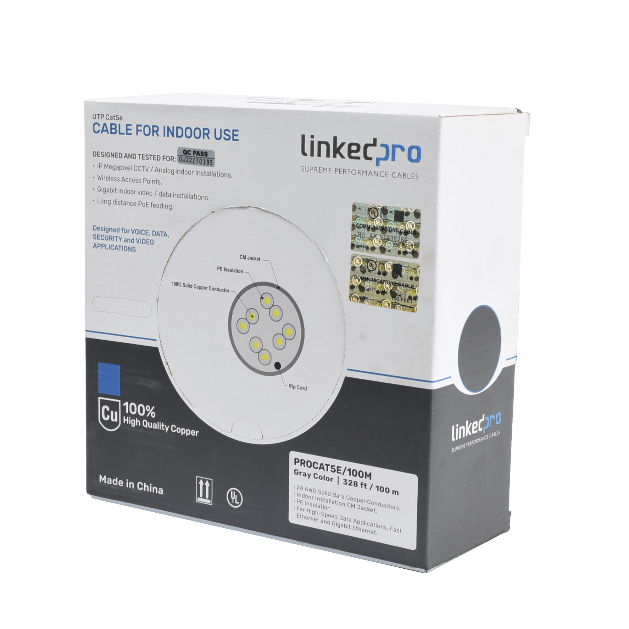 Cable Cat5e de alto rendimiento, con certificaciones ETL, UL, color gris, de 100 m ( 328 ft ) para aplicaciones en CCTV, redes de datos. Uso interior.