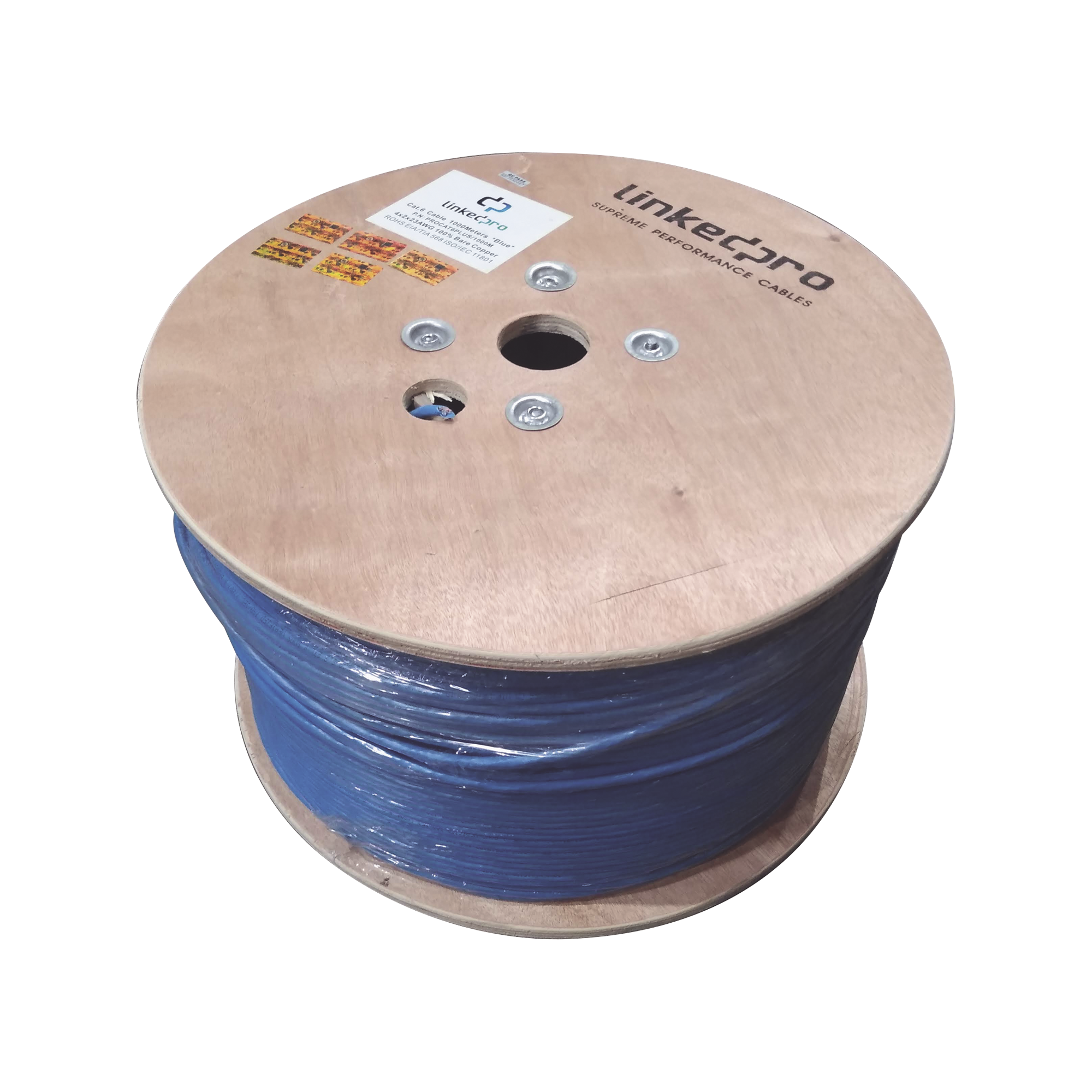 Bobina de 1000 Metros Cable Cat6+ CALIBRE 23 ALTO DESEMPEÑO, ETL,UL, color azul, super flexible, de 1000 metros, para aplicaciones de CCTV, video HD, y redes de datos.