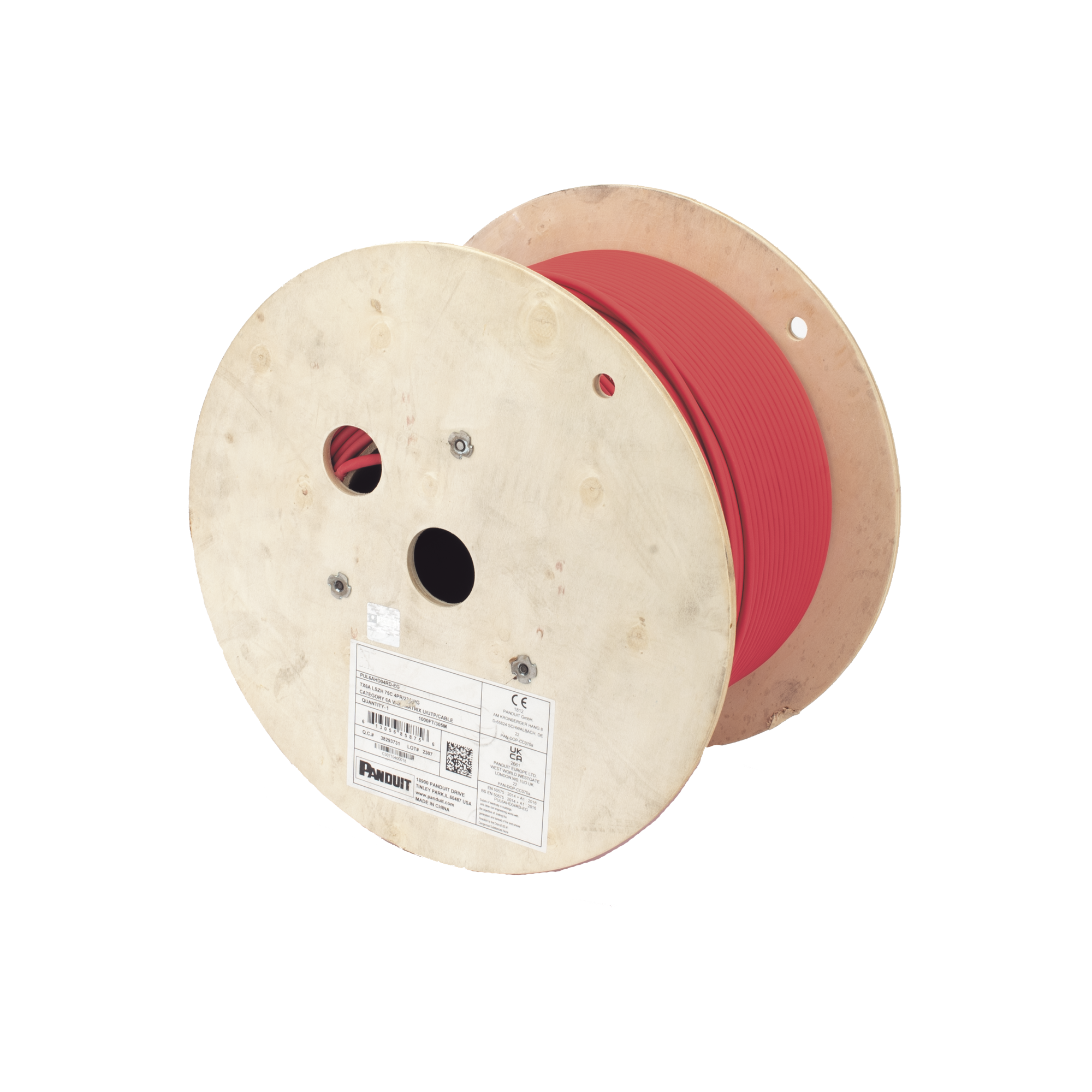 Bobina de Cable UTP de 4 Pares, Vari-MaTriX, Cat6A, 23 AWG, LSZH (Libre de Gases Tóxicos), Color Rojo, 305m