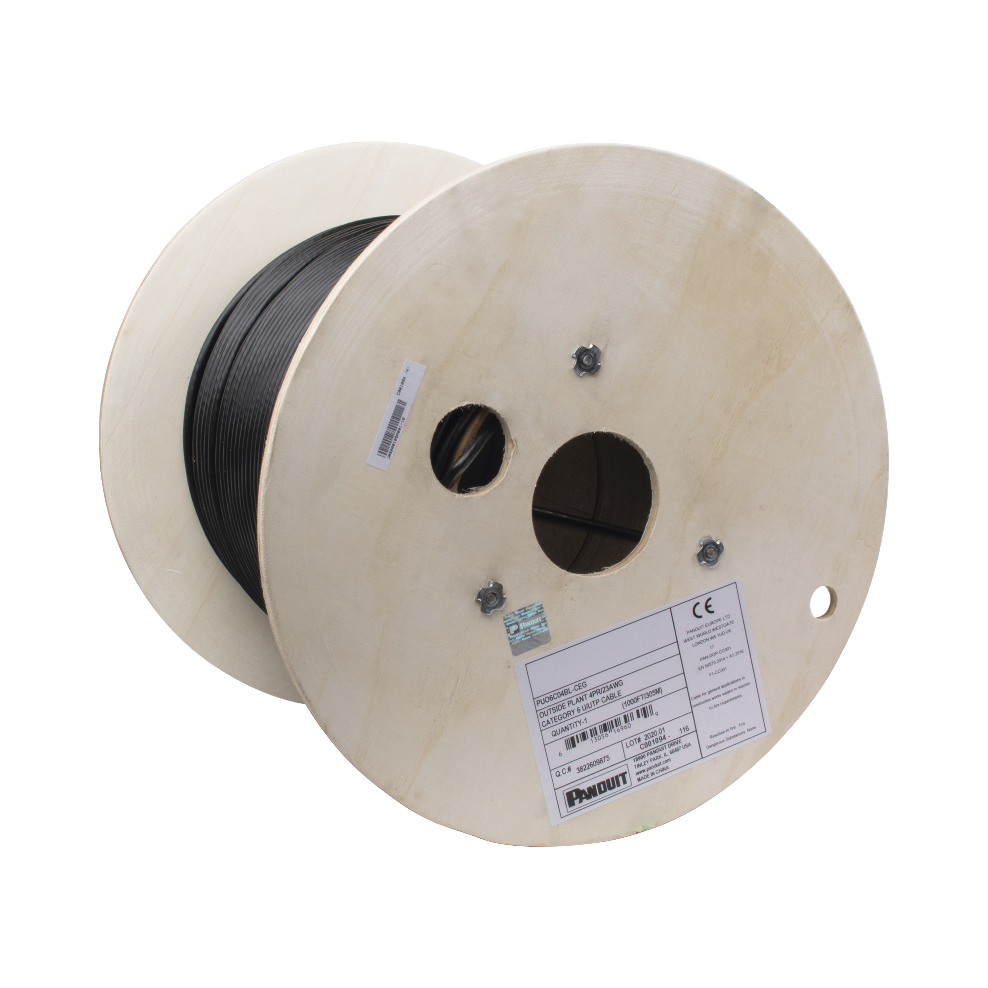 Bobina de Cable UTP de 4 Pares, PanNet, Para Exterior con Gel, Cat6 (23 AWG), Industrial para Climas Extremos, Color Negro, 305 m