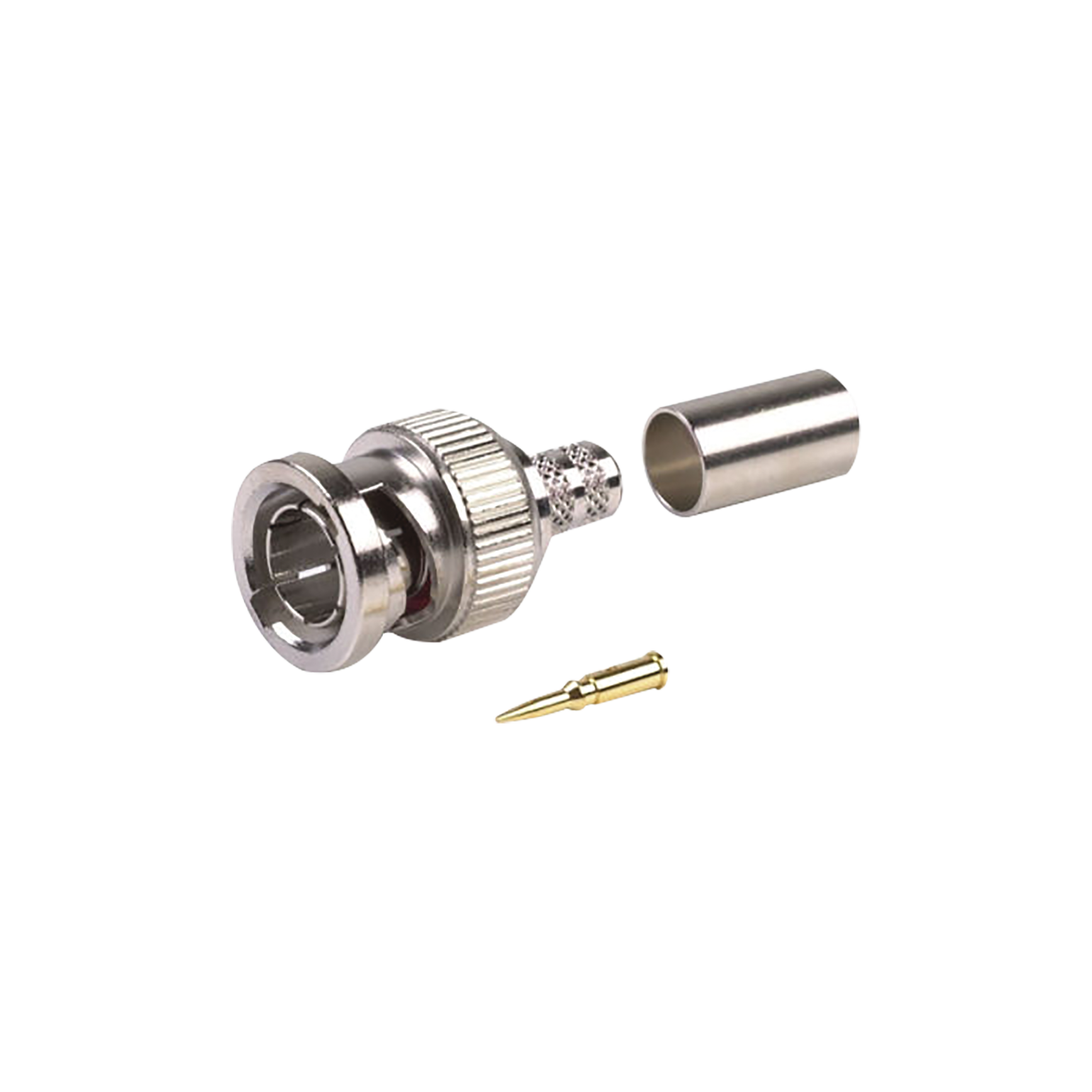 Conector BNC Macho, en 75 Ohm, Anillo Plegable para RG-59/U, 62A, Níquel/ Oro/ Delrin.