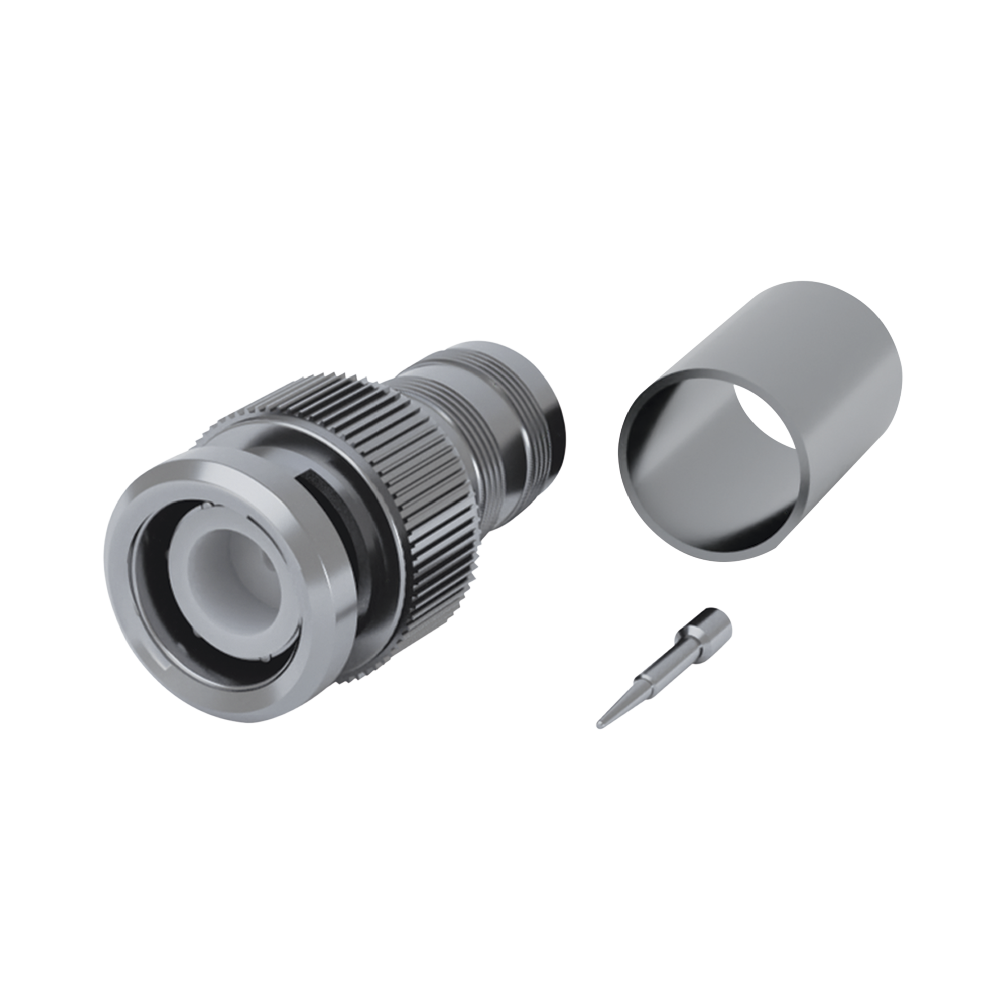 Conector BNC Macho (75 Ohm No Reales), Anillo Plegable para RG-59/U/62, Níquel/ Níquel/ Delrin.