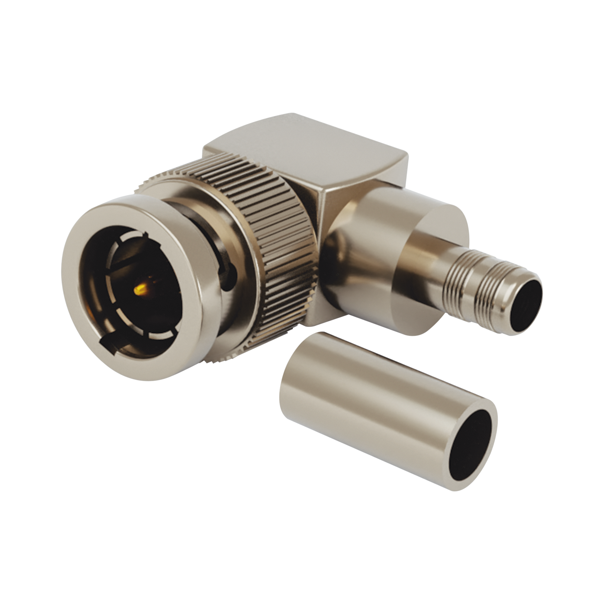 Conector BNC Macho en Ángulo Recto para 75 Ohm, Anillo Plegable para COMMSCOPE 735 ó Grupo K, Níquel/ Oro/ Teflón.