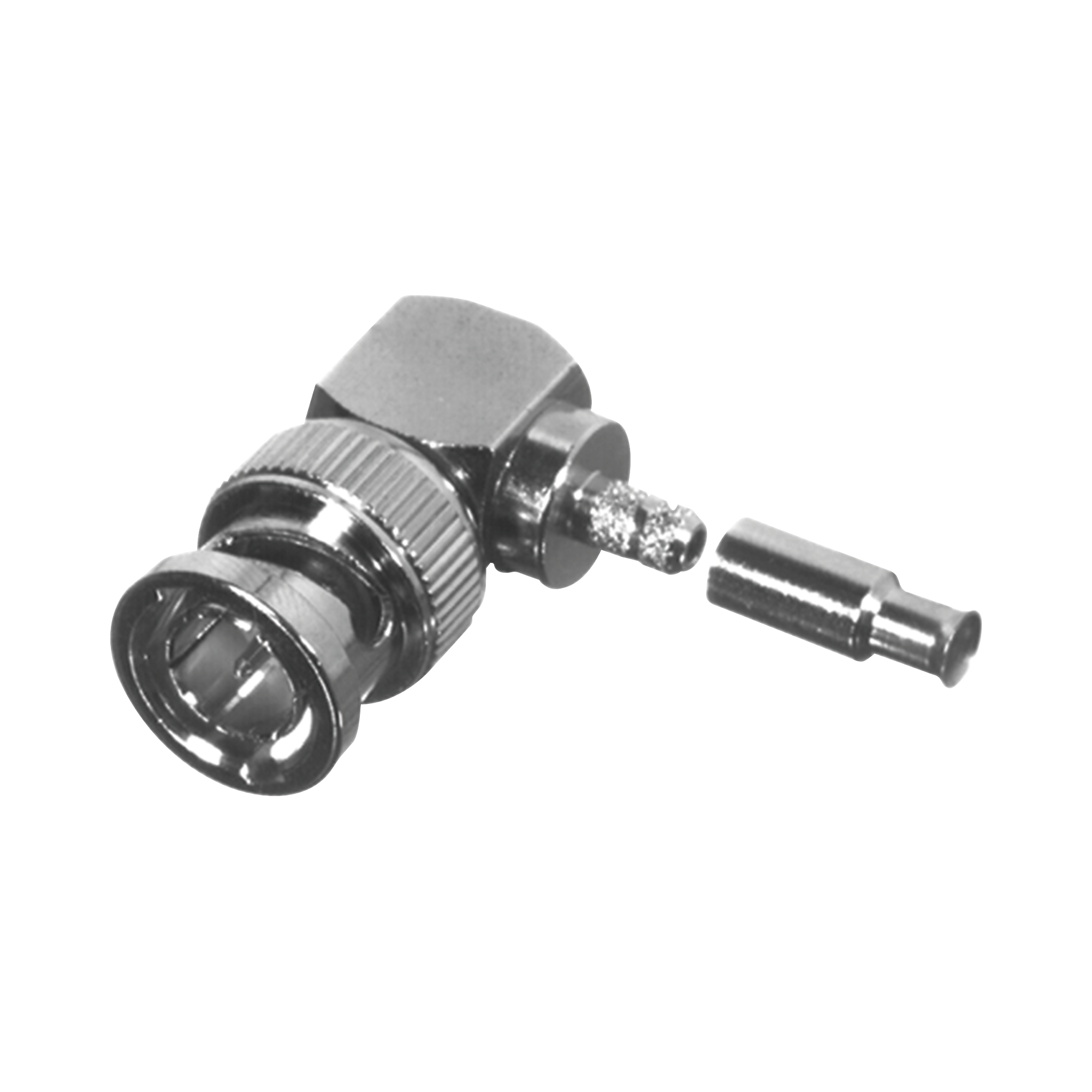 Conector BNC Macho en Ángulo Recto para 75 Ohm, Anillo Plegable para Cable RG-179/U, Grupo S, Níquel/ Oro/ Delrin.