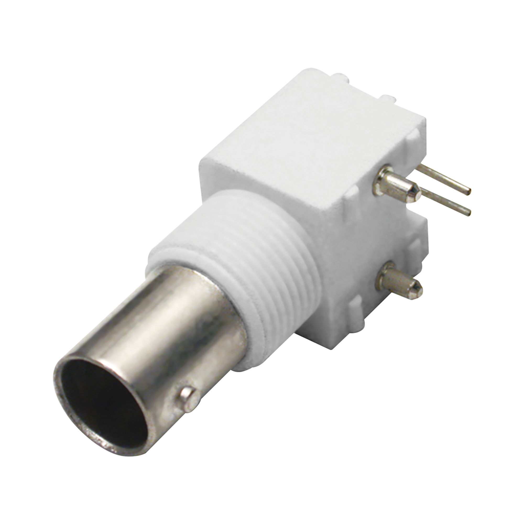 Conector BNC Hembra en Ángulo Recto para PCB, Postes y Patas, Cuerpo Termoplástico Blanco, Níquel/ Oro/ Polipropileno.