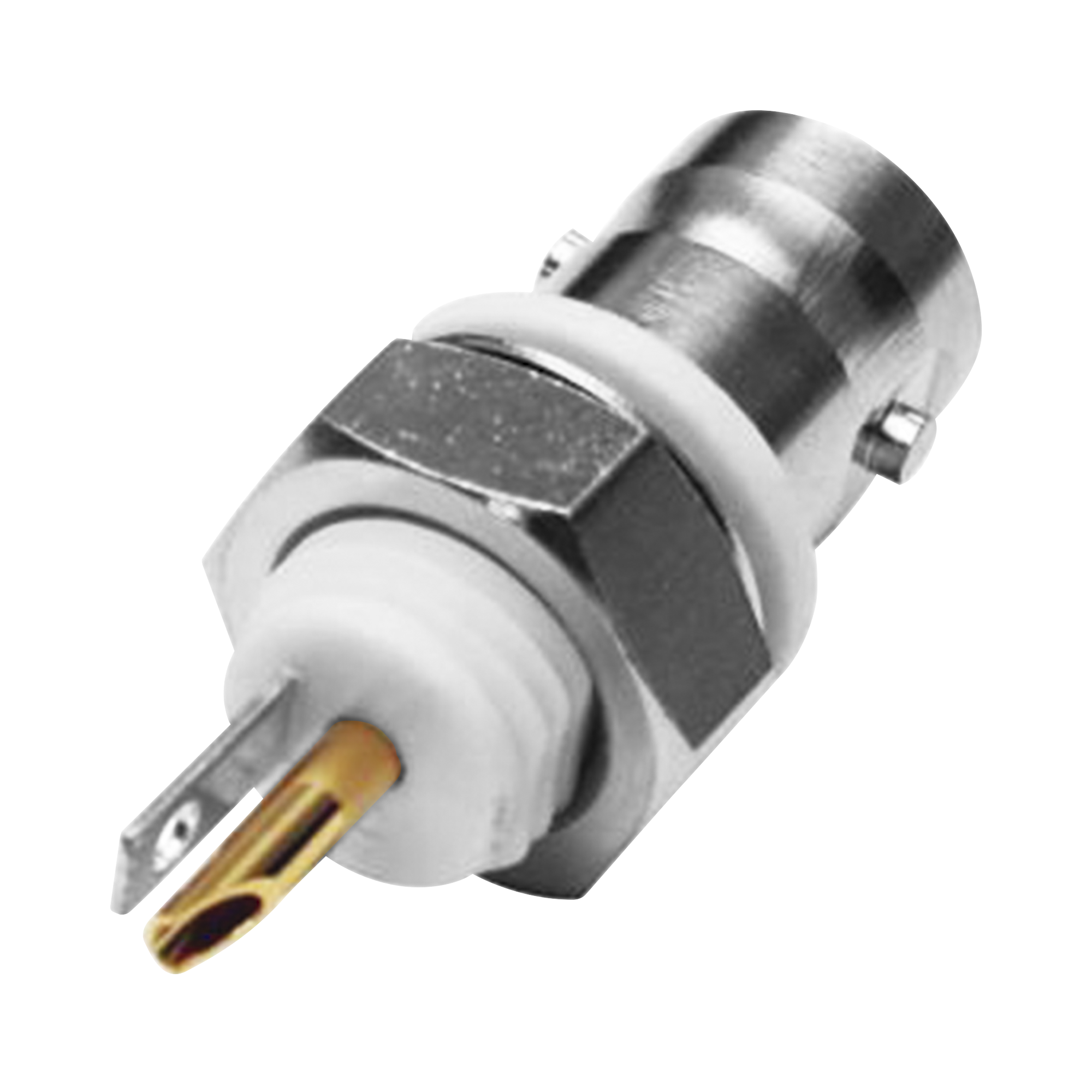 Conector BNC Hembra Aislado para Montaje en Panel Frontal en D-Plano, Soldable para Grupo I, Níquel/ Oro/ Teflón.