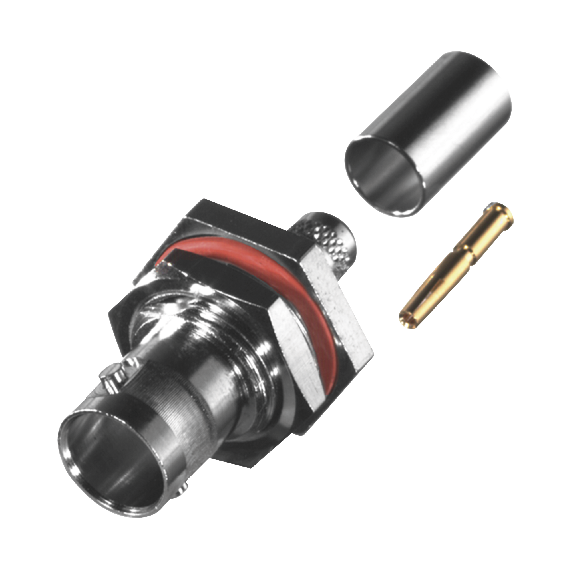 Conector BNC Hembra para Chasis en D-Plano con Aro de Goma, Anillo Plegable para RG-59/U, Grupo D, 75 Ohm, Níquel/ Oro/ Delrin