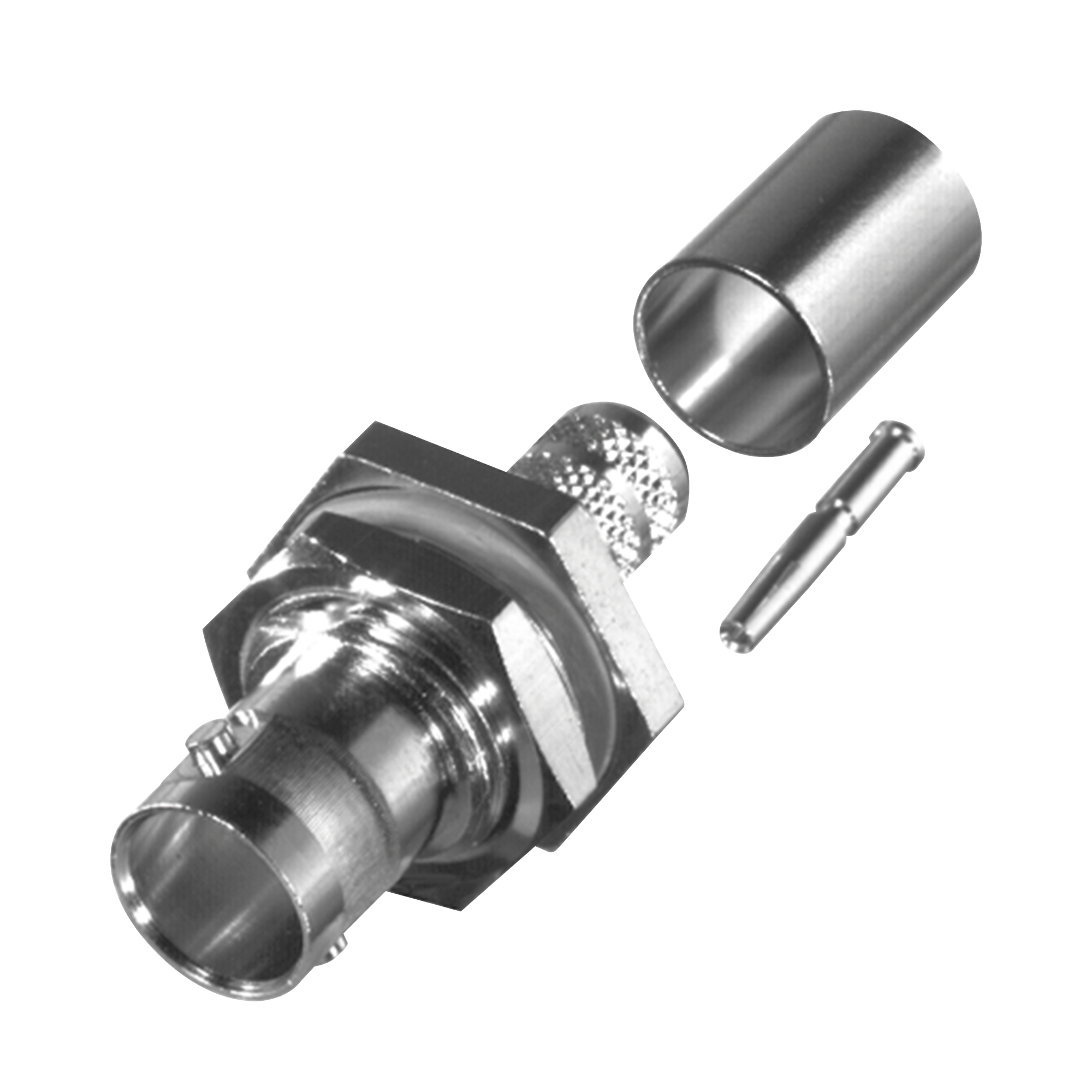Conector BNC Hembra para Chasis en D-Plano con Aro de Goma, Anillo Plegable para RG-6/U y Grupo Q, 75 Ohm, Níquel/ Oro/ Teflón.