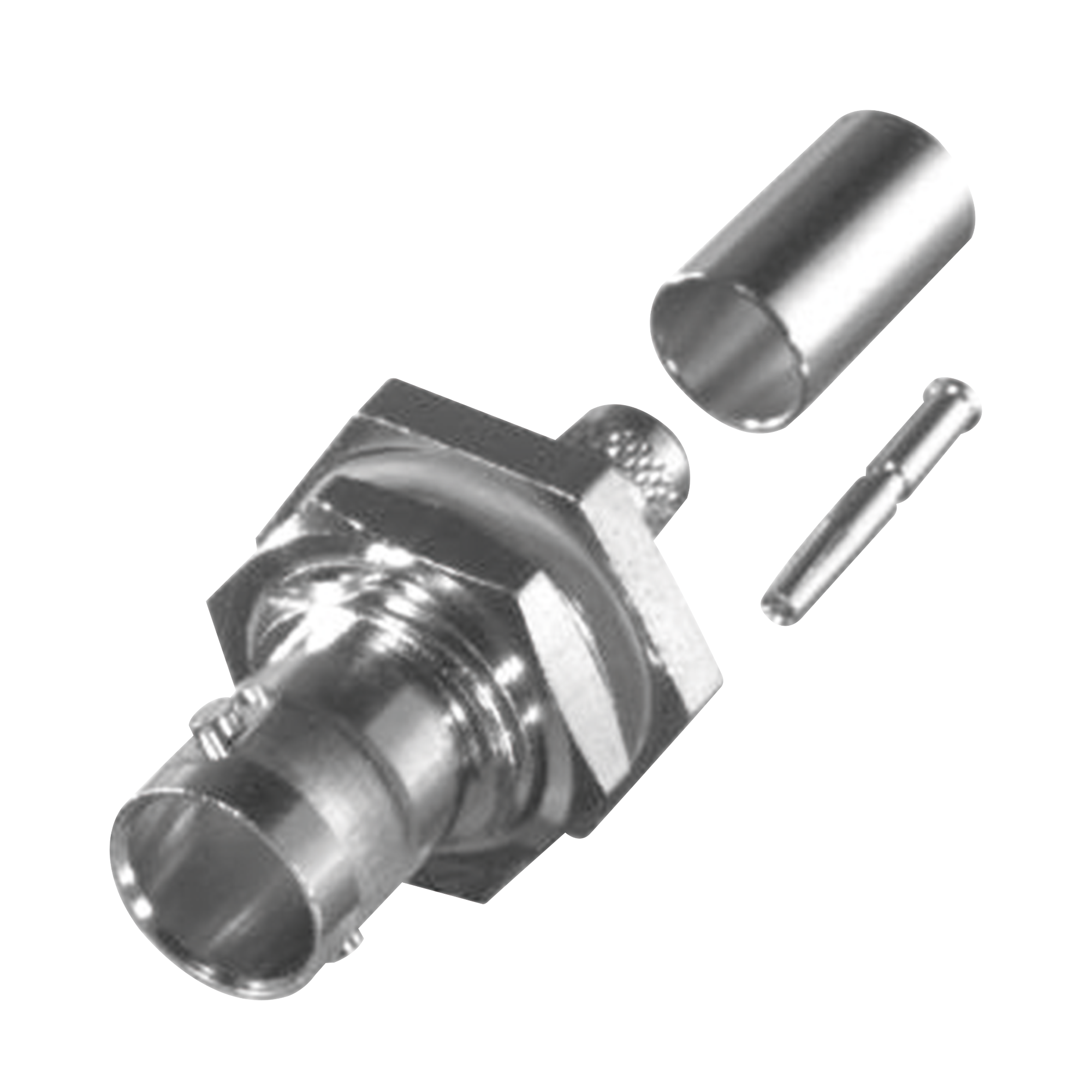 Conector BNC Hembra para Chasis en D-Plano con Aro de Goma, Anillo Plegable para RG-179/U, Grupo S, 75 Ohm, Níquel/ Oro/ Teflón.