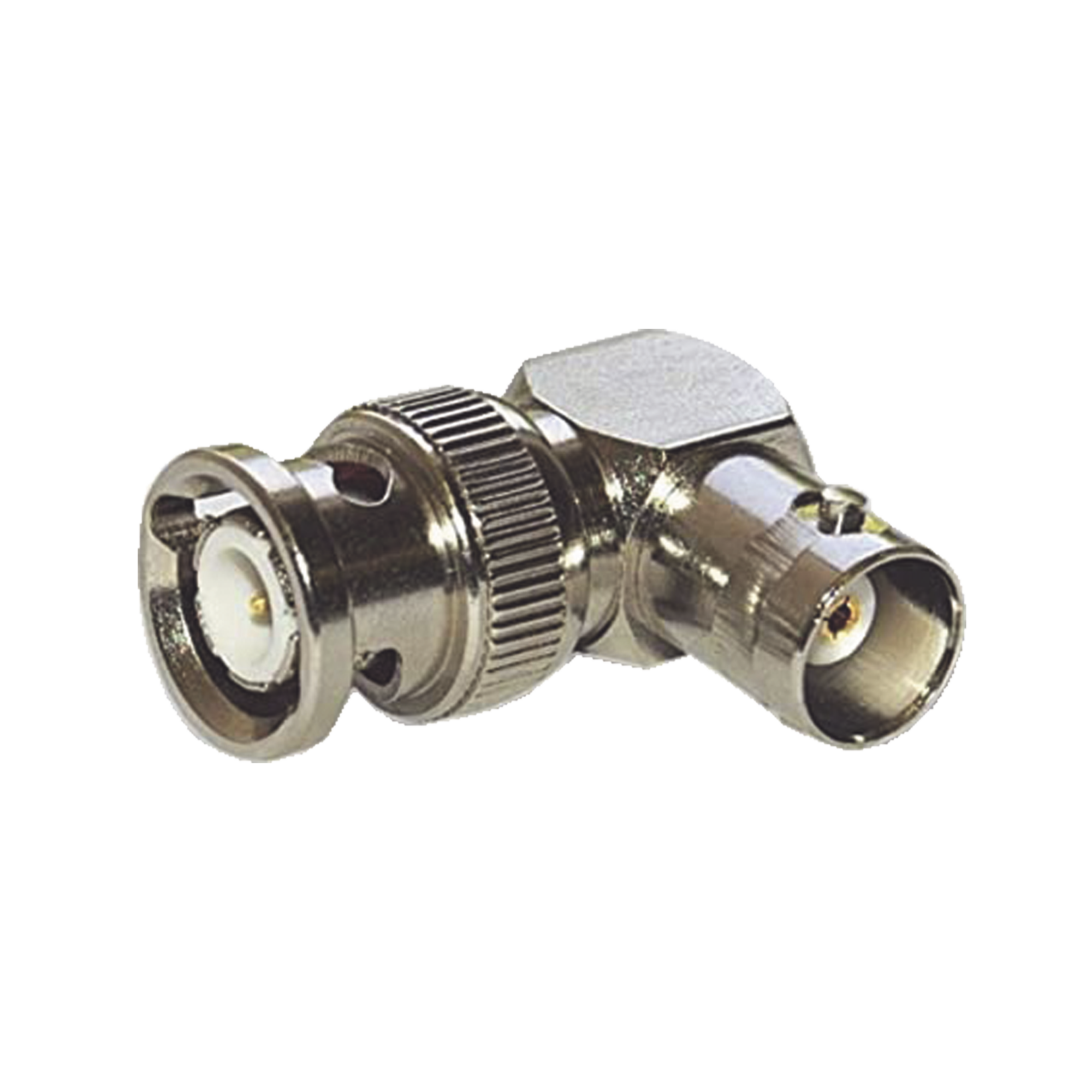 Adaptador en Ángulo Recto para 75 Ohm, de Conector BNC Macho a BNC Hembra (Monitor), Níquel/ Oro/ Teflón.