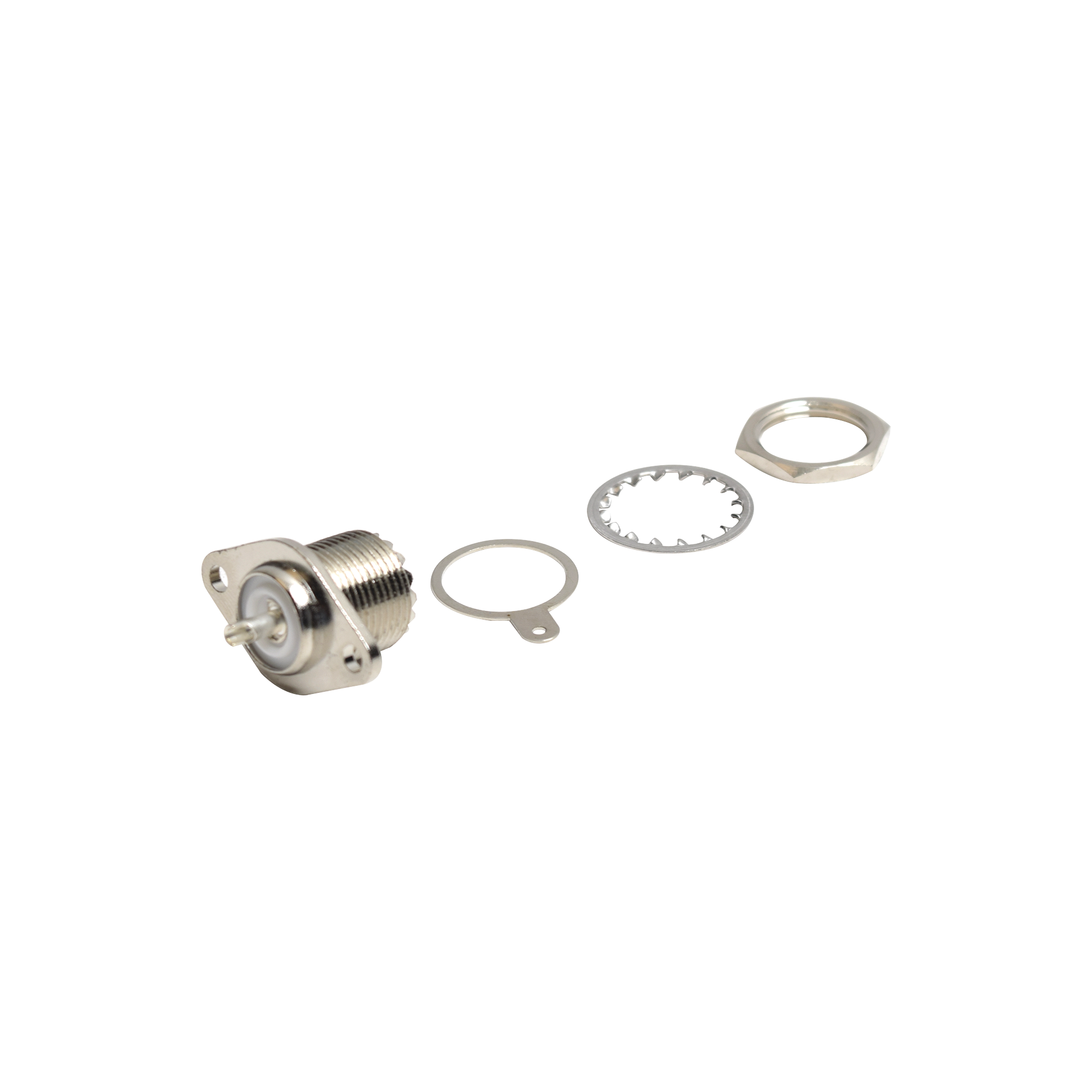 Conector UHF Hembra (SO-239-2H) para Chasis, Doble Perforación, Conductor Central Soldable, Níquel/ Plata/ PBT.
