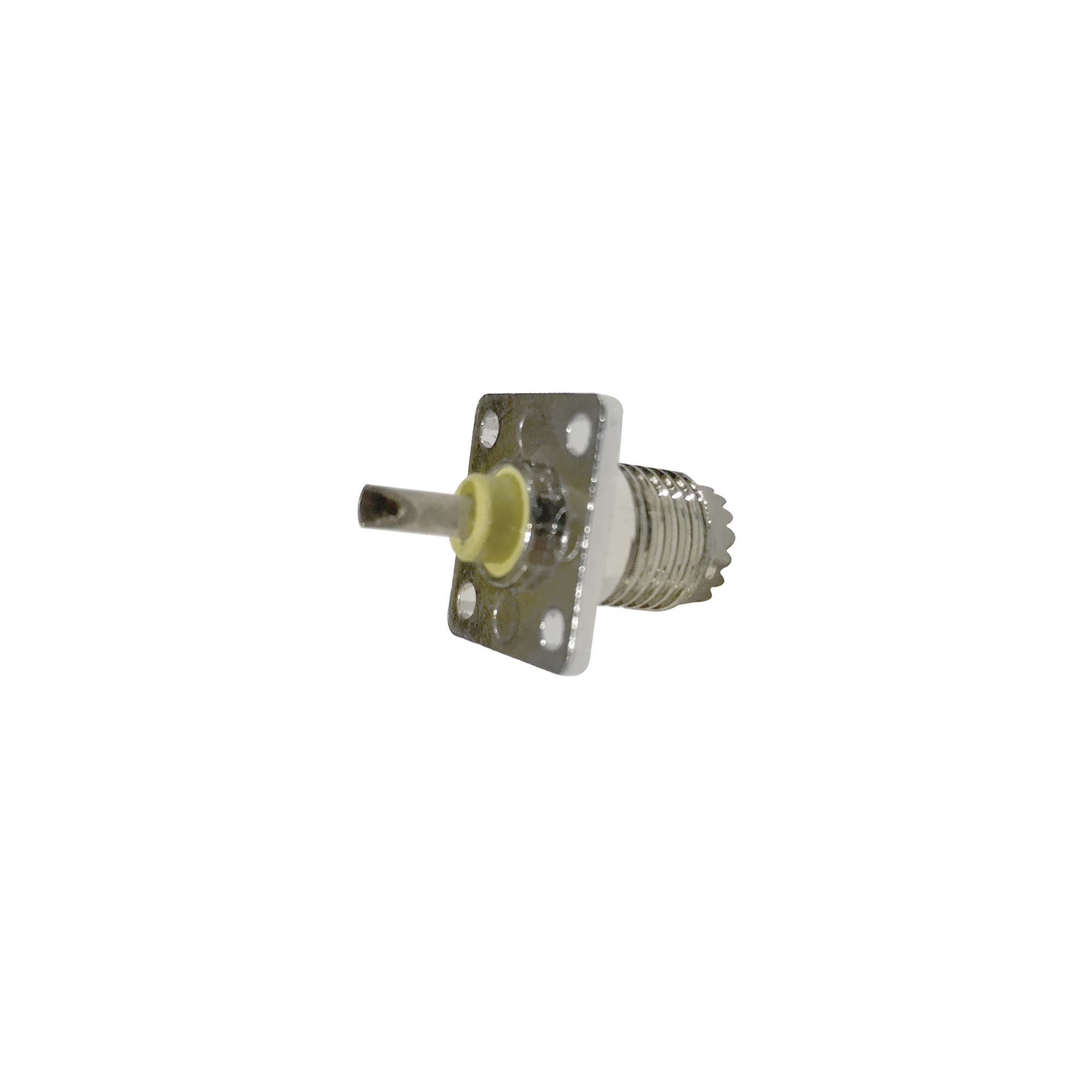 Conector Mini-UHF Hembra, de Montaje en 4 Perforaciones a 13 mm, Níquel/ Oro/ Baquelita.