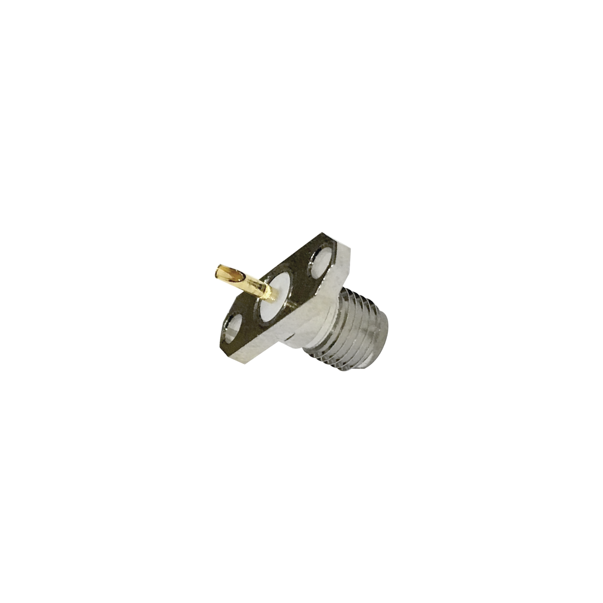 Conector SMA Hembra de Montaje en Panel para 2 Perforaciones y PIN Soldable, Requiere Capucha, Níquel/ Oro/ Teflón.