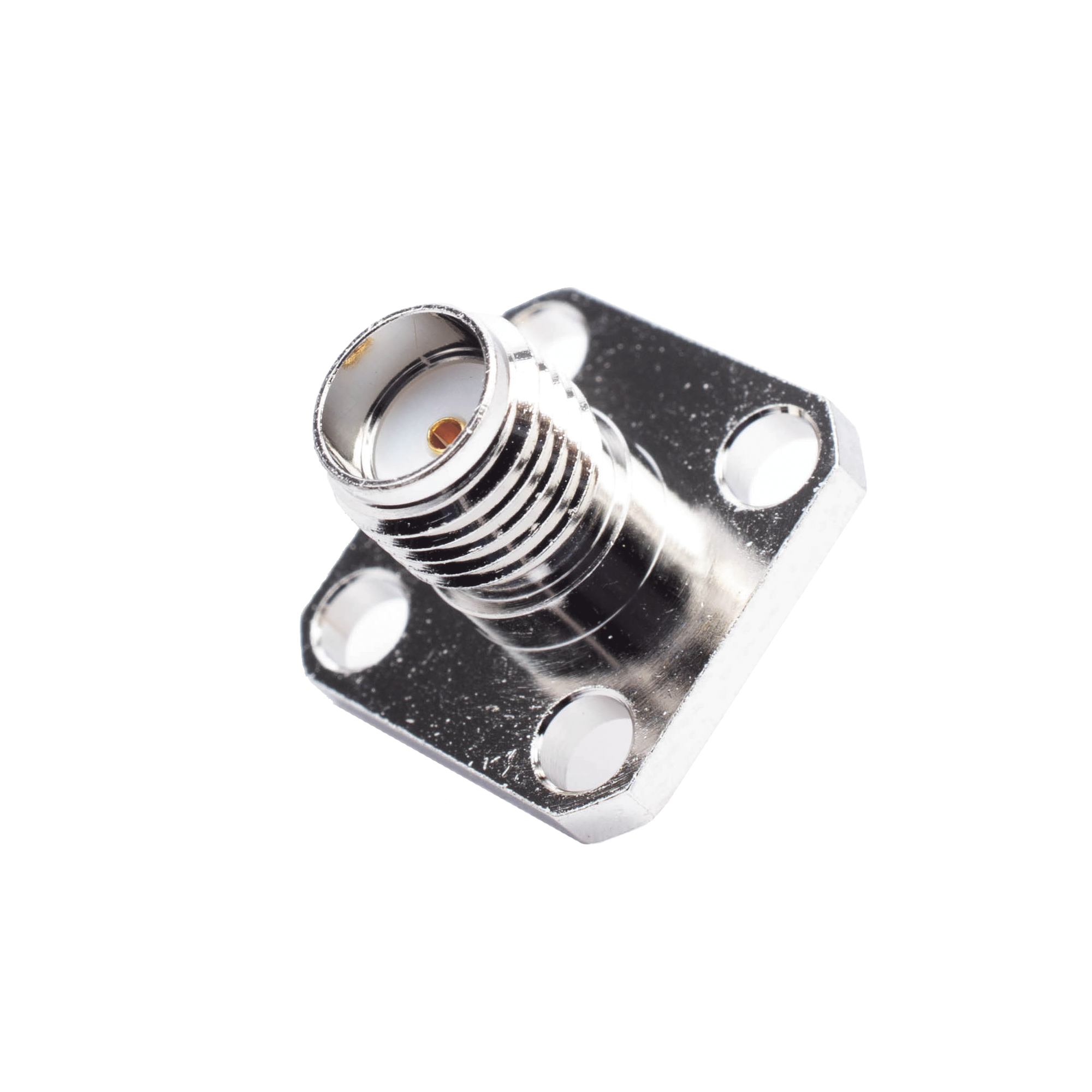 Conector SMA Hembra, Montaje de Panel Cuadrado, 4 Perforaciones, Soldable, Niquel/ Oro/ Teflón.