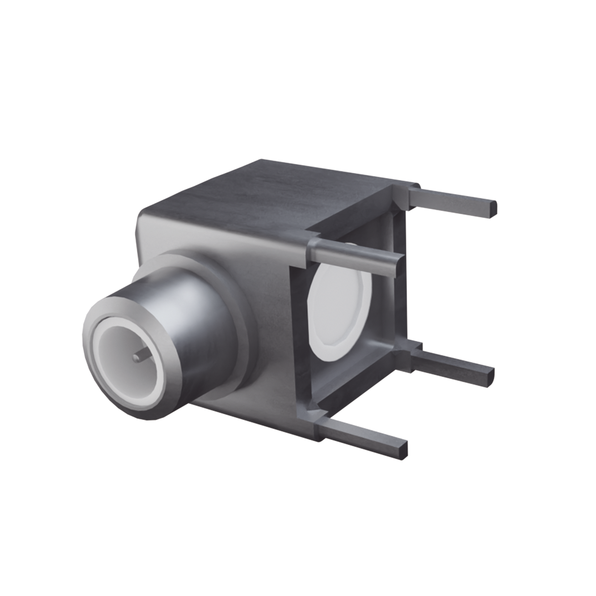 Conector SMB Hembra (PIN Macho)  en Ángulo Recto de Montaje para PCB, 75 Ohm, Oro/ Oro/ Teflón.