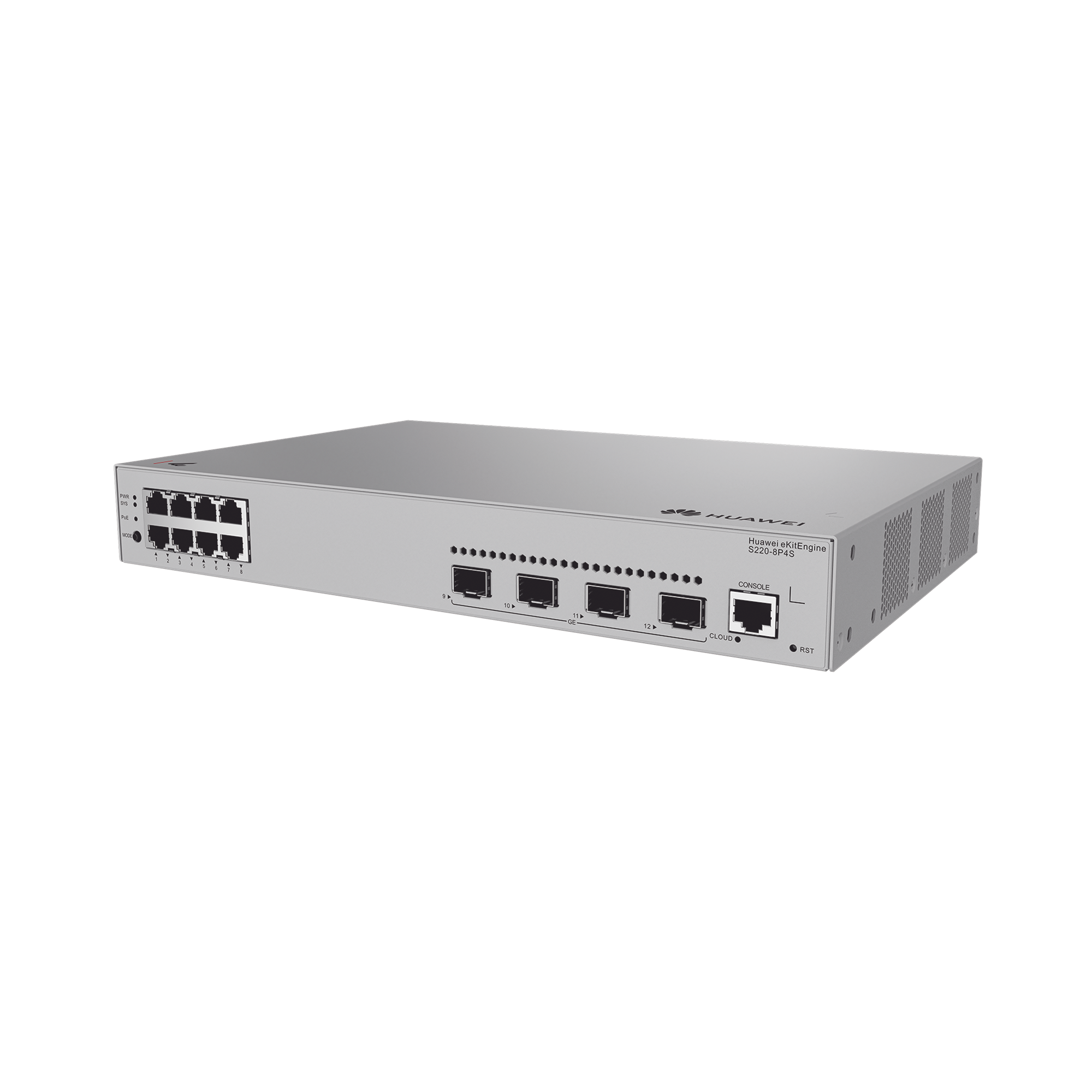 Switch de acceso eKit Administrable / Capa 2 / 8 Puertos PoE+ Gigabit + 4 SFP + Puerto Consola / PoE Perpetuo / Presupuesto PoE 125 W / Sin licenciamiento