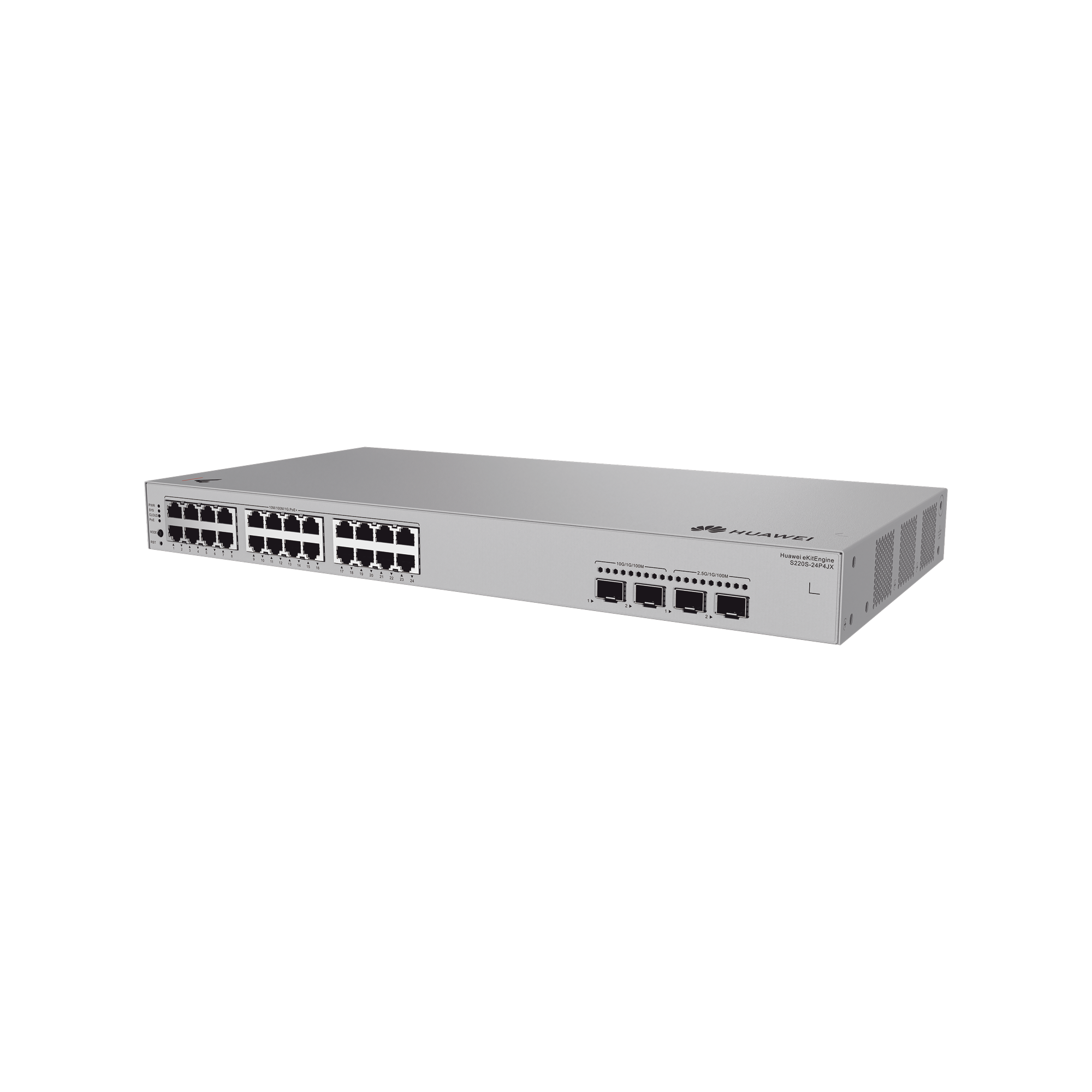 Switch de Acceso eKit Administrable / Capa 2 / 24 Puertos PoE+ Gigabit + 2 Puertos SFP(2.5 Gbps) + 2 Puertos SFP+(10 Gbps) / PoE Perpetuo / Presupuesto PoE 400 W / Sin licenciamiento