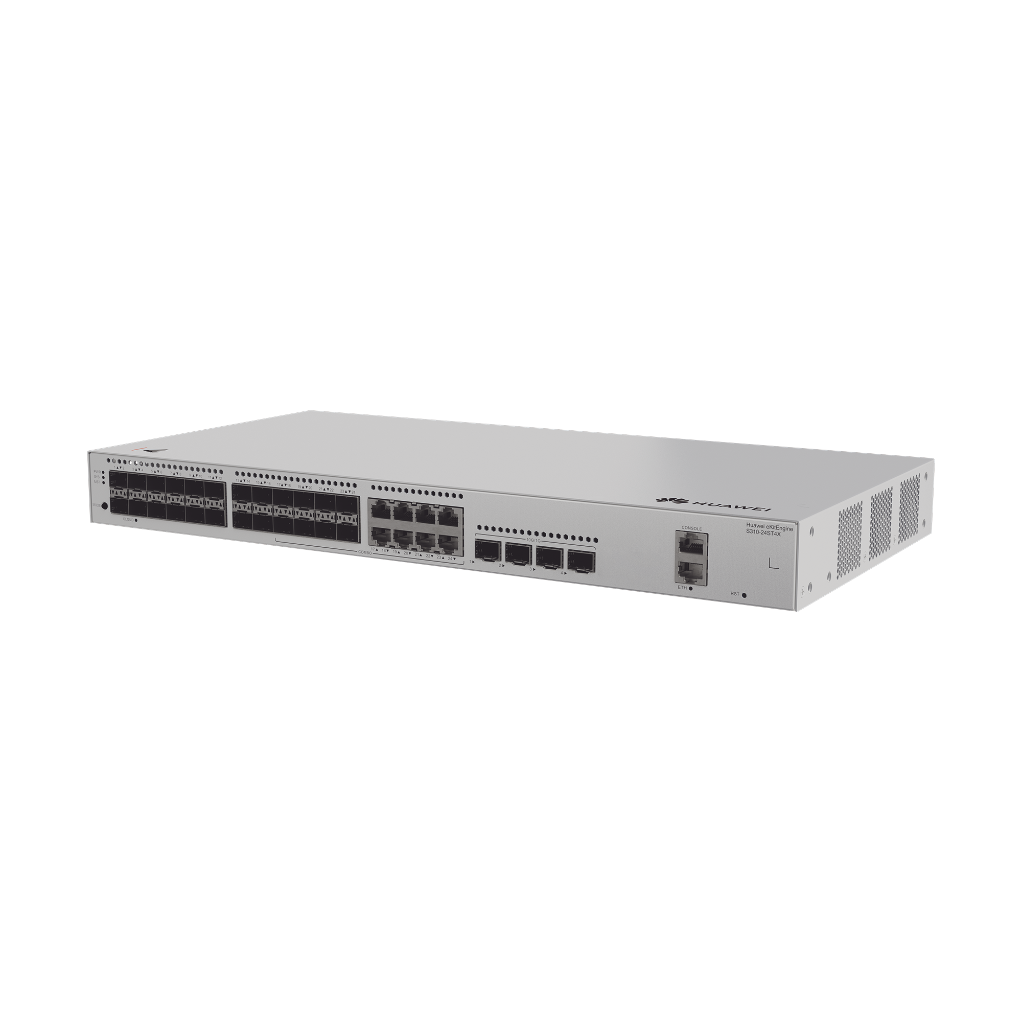 Switch de Distribución/Core Gigabit Administrable  Capa 3 / 24 puertos 1GE SFP ( Combo con 8 Puertos 10/100/1000 Mbps) / 4 Puertos 10GE SFP+ Uplink / ERPS / Rutas Estáticas / iStack / Administración Nube Gratis