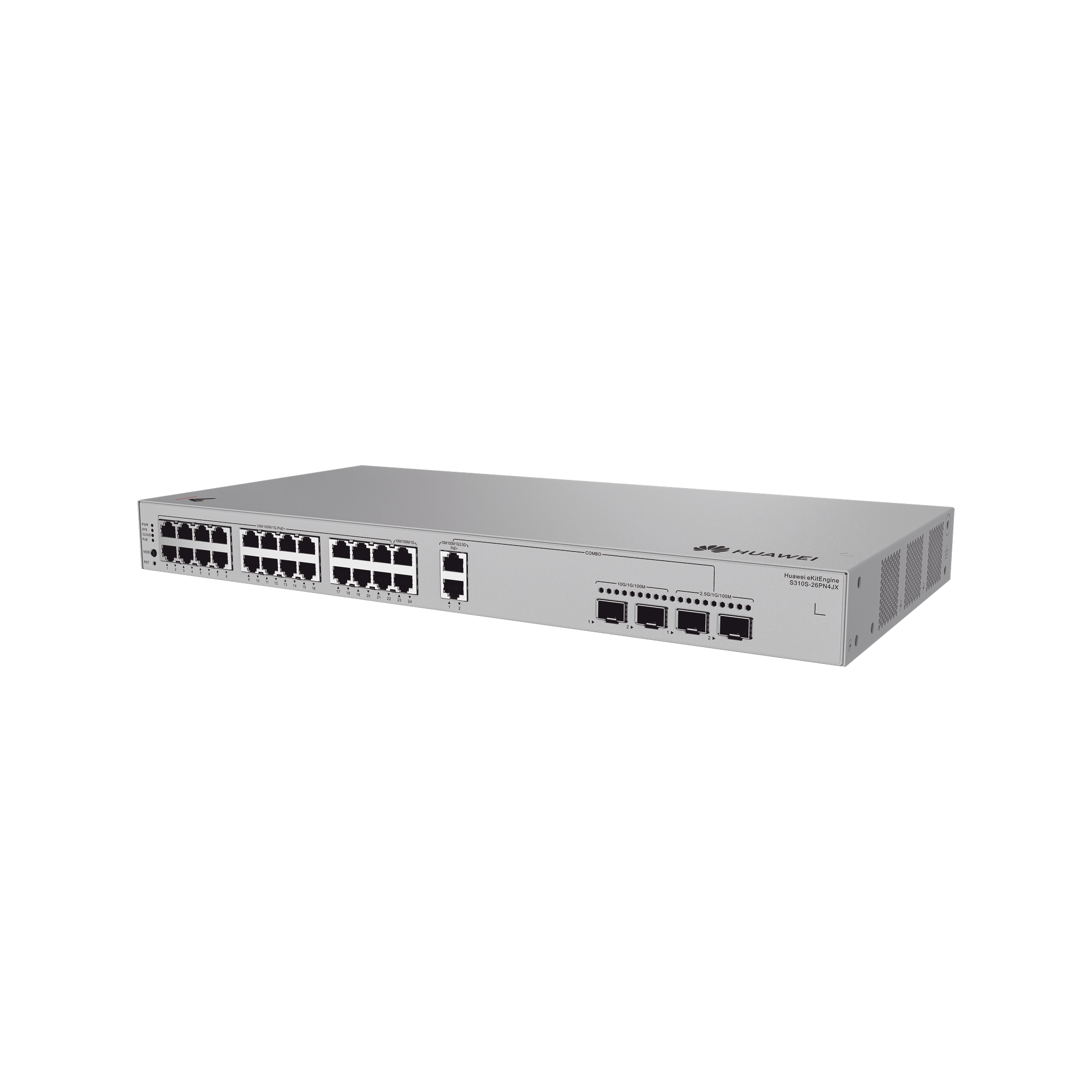 Switch Gigabit Administrable PoE Capa 3 / 24 Puertos 10/100/1000 Mbps (22 PoE) / 2 Puertos 2.5GE (PoE) combo 2 Puertos SFP 2.5GE /2 Puertos SFP+ 10GE / 400W / PoE Perpetuo / iStack / Administración Nube Gratis