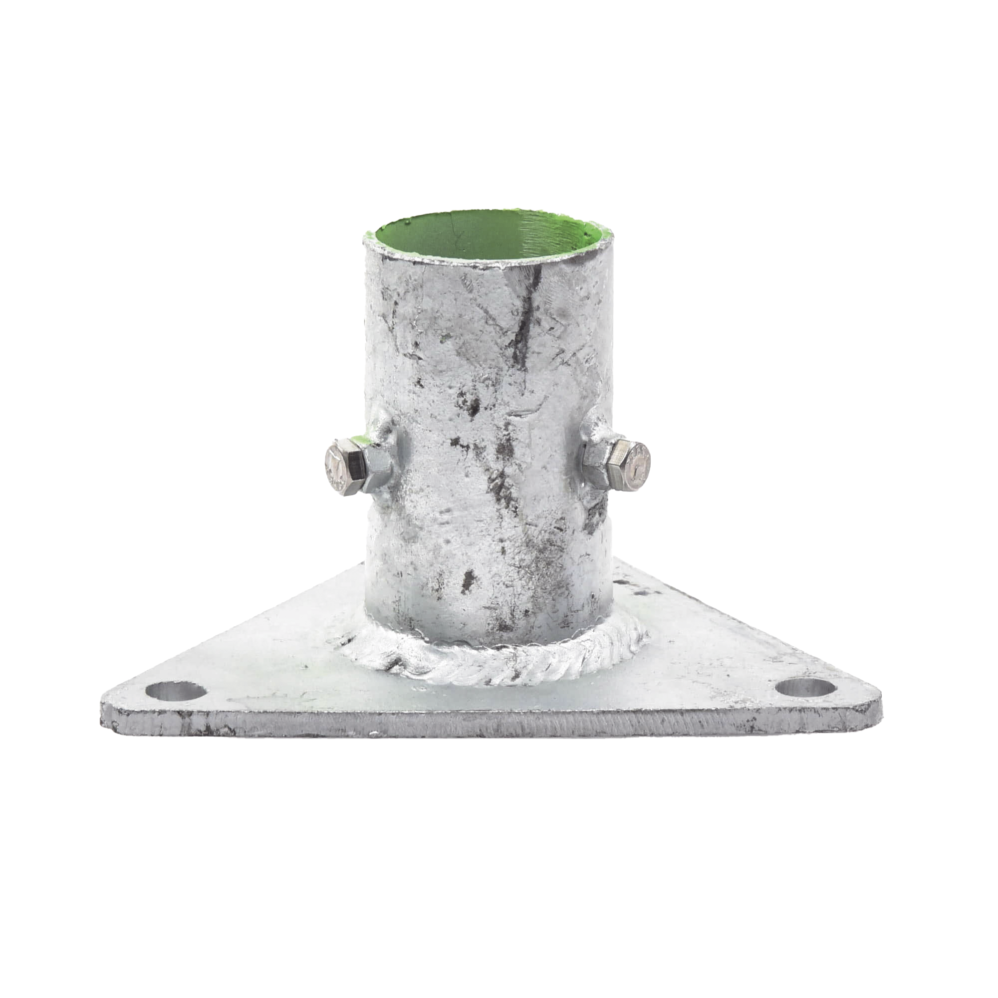 Base Triangular para Mástil de 1" a 2" con Opresores. Galvanizado por Inmersión en Caliente.