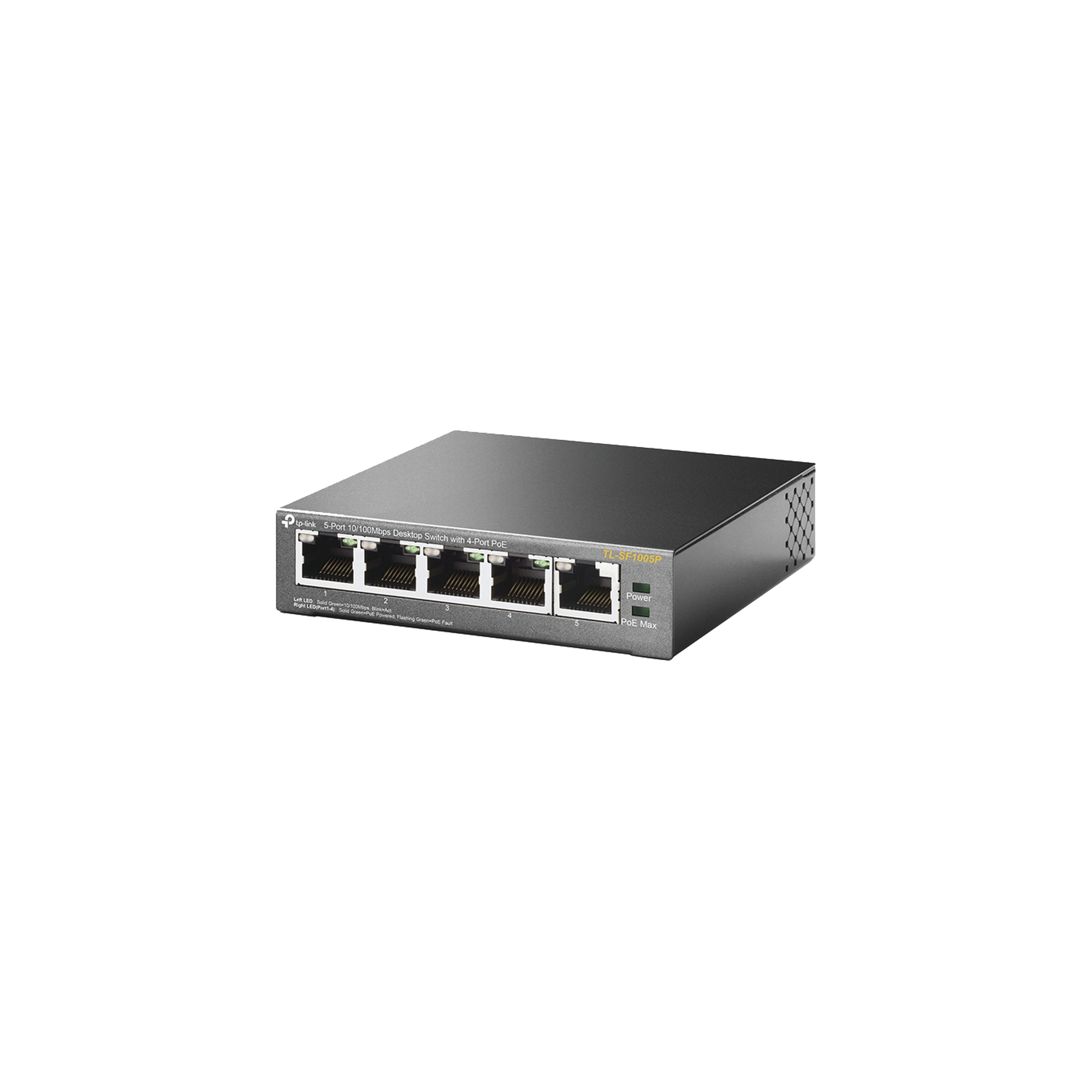 Switch PoE no Administrable de escritorio / 5 puertos 10/100 Mbps / 4 puertos PoE af/at / Presupuesto 67 W / Modo Extensor hasta 250 m / Calidad video prioritaria