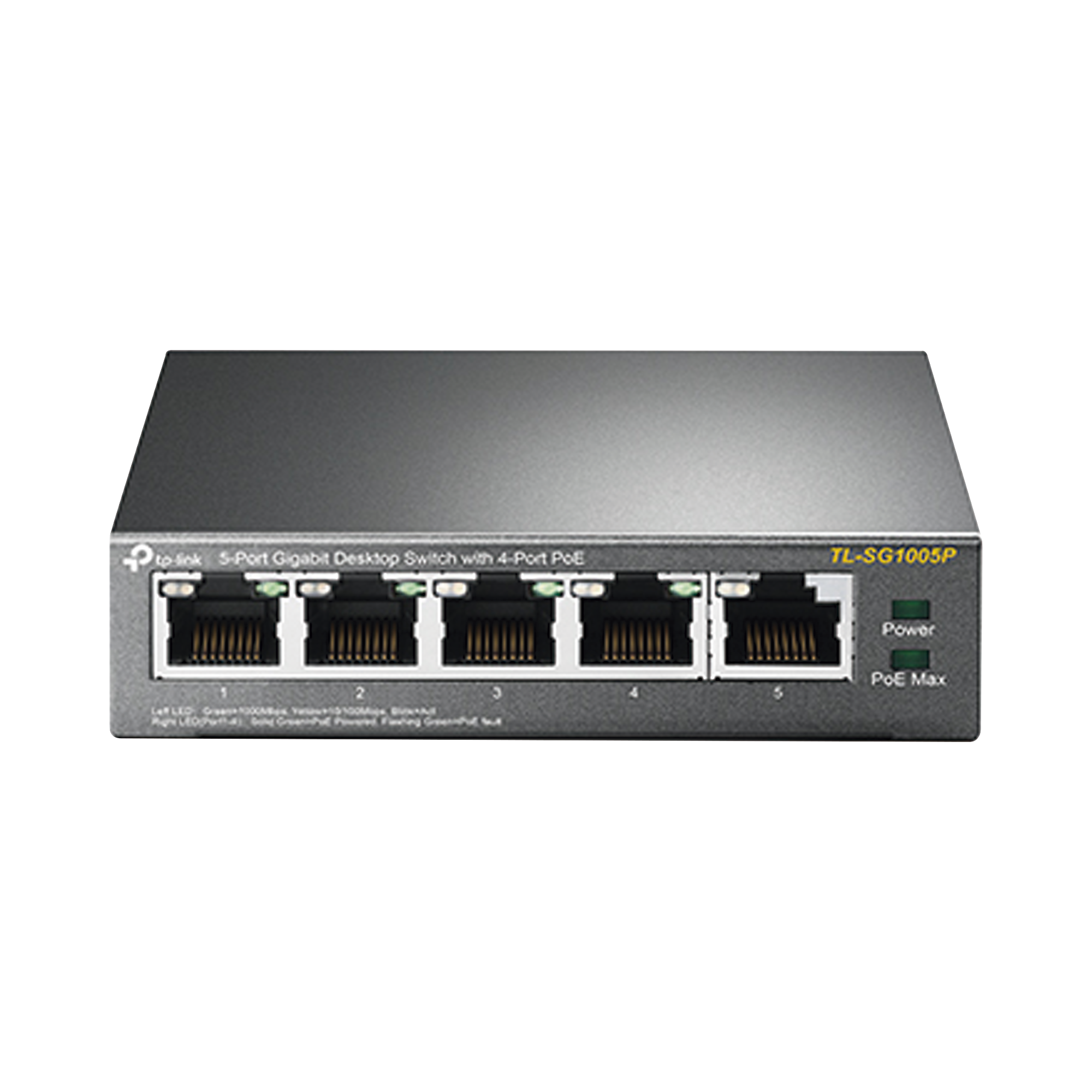 Switch Escritorio No Administrable de 5 puertos 10/100/1000 Mbps / Con 4 puertos PoE 802.3af/at de hasta 65 W / PoE Extendido hasta 250 metros