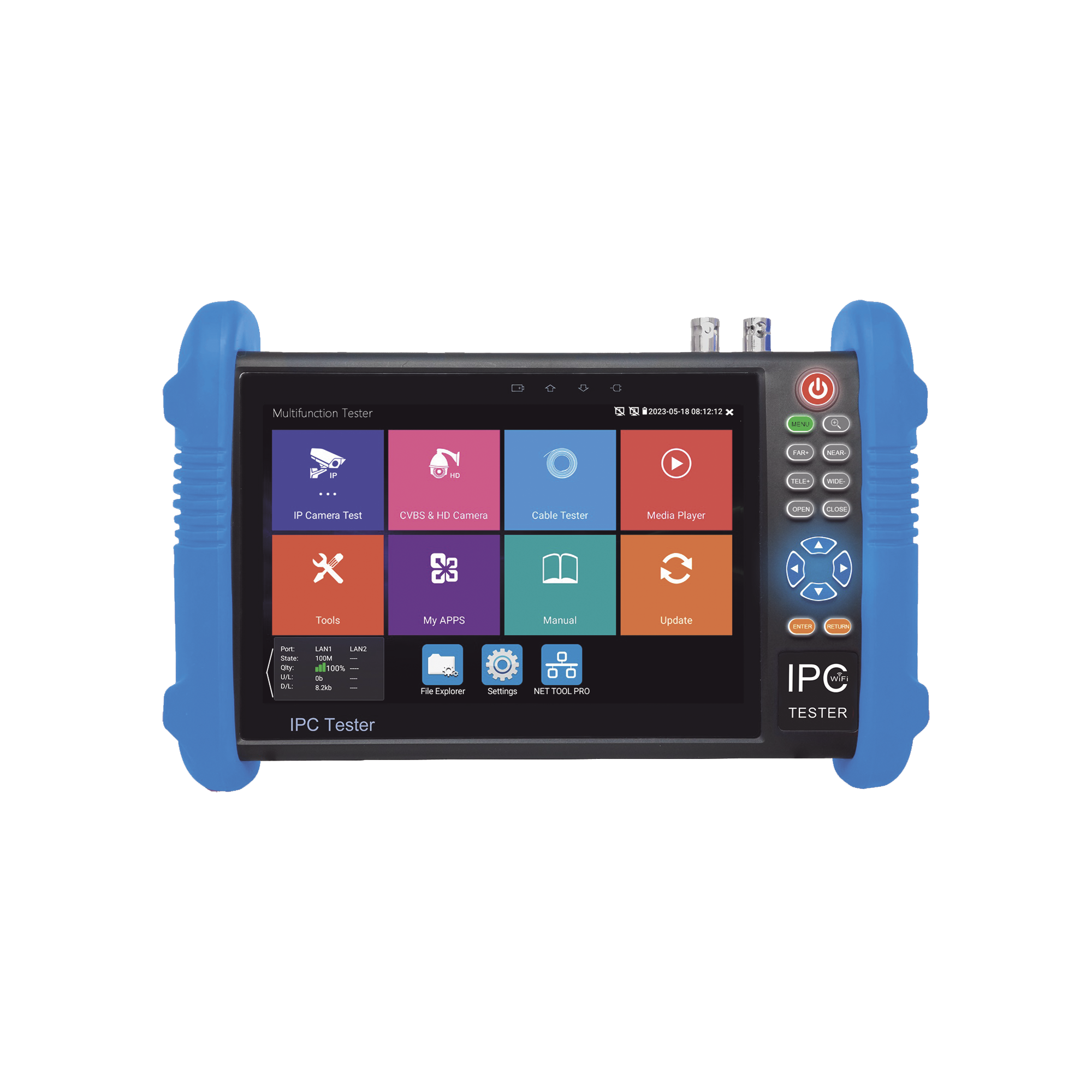Tester de Video Profesional | Pantalla 7"|  Prueba IP/HD/Analógicas | TVI/CVI/AHD/CVBS | IP ONVIF | 4K/8K | H.264/H.265 | HDMI | PTZ | Scanner IP | TDR | Salidas 12V/24V/PoE | Activación Simultanea.