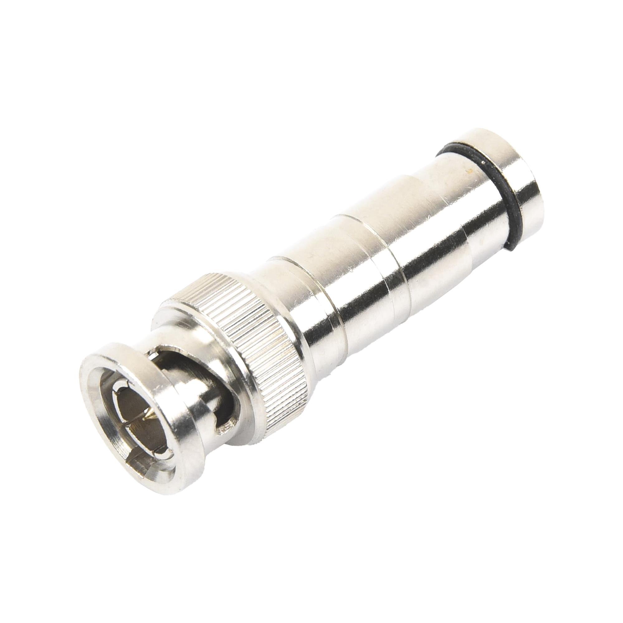 Conector BNC Macho en 75 Ohm, de Compresión Axial para Cable Coaxial RG-59/U, Níquel/ Oro/ Politetrafluoroetileno.