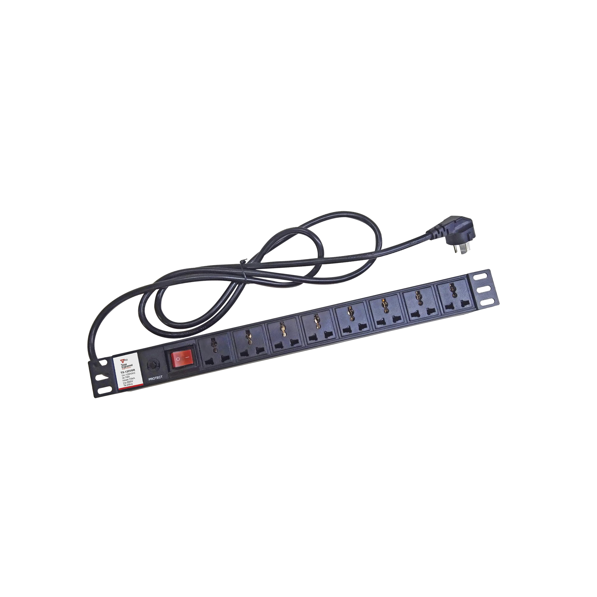 Protector de 120 Vca con 8 contactos de alimentación en color negro para aplicaciones en Rack
